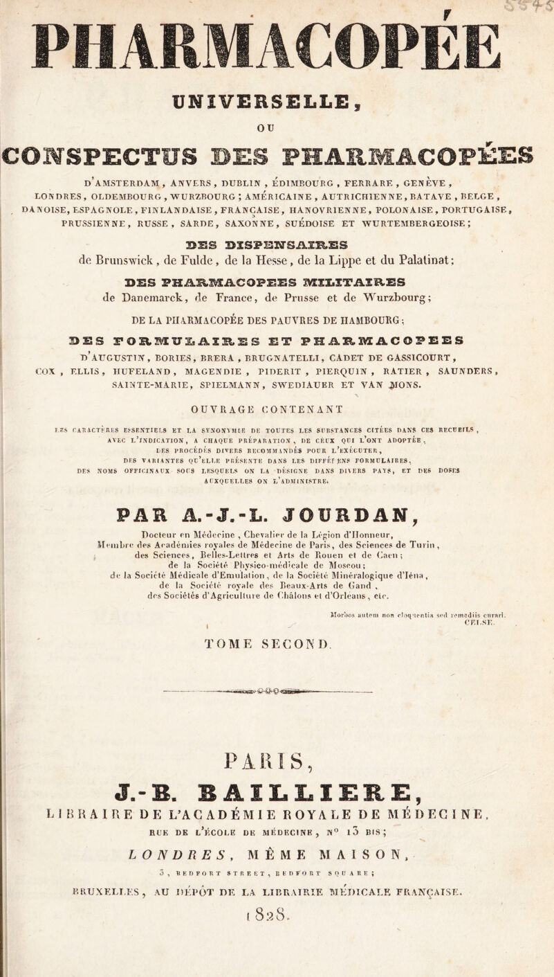 OU CONSPECTUS DES PHARMACOPÉES D’AMSTERDAM, ANVERS, DUBLIN, EDIMBOURG, FERRARE , GENEVE, LONDRES, OLDEMBOURG , WURZBOURG ; AMERICAINE , AUTRICHIENNE , BATAVE , BELGE , DANOISE, ESPAGNOLE , FINLANDAISE , FRANÇAISE, HANOVRIENNE, POLONAISE , PORTUGAISE , PRUSSIENNE, RUSSE, SARDE, SAXONNE, SUEDOISE ET WURTEMBER GEOISE ; DBS BïSfBTîSAniES de Brunswick , de Fulde, de la Hesse, de la Lippe et du Palalinat; DBS PHARMACOPEES JVIILÏTAÏRES de Danemarck, de France, de Prusse et de Wurzbourg; DE LA PHARMACOPÉE DES PAUVRES DE HAMBOURG: DES PORSÎÏÏSAIRES ET PHARMACOPEES T»’AUGUSTIN, BORIES, P.RERA , BRUGNATELLI, CADET DE GASSICOURT , COX , ELLIS, IIUFELAND , MAGENDIE, PIDER1T , PIERQU1N , RATIER , SAUNDERS , SAINTE-MARTE, SPIELMANN, SWEDIAUER ET VAN jVIONS. OUVRAGE CONTENANT 1RS CARACTERES ESSENTIELS ET LA SYNONYMIE DE TOUTES LES SUBSTANCES CITÉES DANS CES RECUEILS, AVEC L’INDICATION, A CHAQUE PREPARATION, DE CEUX QUI L’ONT ADOPTEE, DES PROCÉDÉS DIVERS RECOMMANDÉS POUR l’kXÉCUTER, DES VARIANTES QU’tLLB PRESENTE DANS LES DIFFÉf JiNS FORMULAIRES, DES NOMS OFFICINAUX SOUS LESQUELS ON LA DÉSIGNE DANS DINERS PAYS, ET DES DOSES AUXQUELLES ON ^ADMINISTRE* PAR A.-J.-L. JOURDAN, Docteur en Médecine , Chevalier de la Légion d’Honneur, Membre des Académies royales de Médecine de Paris, des Sciences de Turin, des Sciences, Belles-Lettres et Arts de Rouen et de Caen; de la Société Physico-médicale de Moscou; de la Société Médicale d’Emulalion, de la Société Minéralogique d’Iéna, de la Société royale des Reaux-Arls de Gand , des Sociétés d’Agricullure de Châlons et d’Orléans, etc. iloroos autf*ni non cloquent!» sud rumediîs cnrarî. ^ CFJiSF,. TOME SECOND <S3ÜE PARIS, J.-B. BAILLIERE, LIBRAIRE DE L’ACADÉMIE ROYALE DE MÉDECINE. RLE DE L’ÉCOLE DE MÉDECINE, N° l3 BIS; LONDRES, ME M E M A 1 S O N , 3 , BKDPORT STREET, 11 F P ¥ O U T SQUARE? BRUXELLES, AU DEPOT DK LA LIBRAIRIE MEDICALE FRANÇAISE. i. 82S.