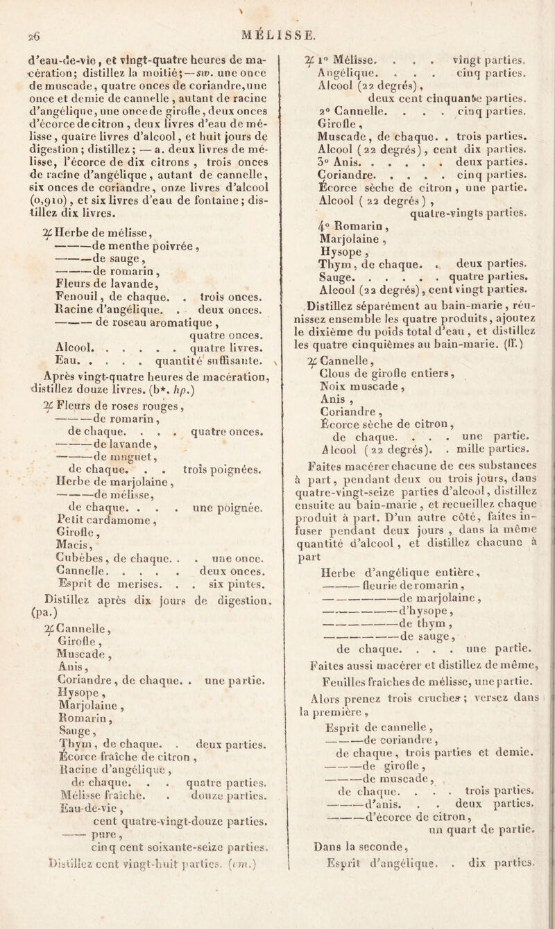 t M É L I S S E. d’eau-cïe-vîe, et vingt-quatre heures de ma- cération; distillez la moitié; — sw. une once de muscade, quatre onces de coriandre,une once et demie de cannelle , autant de racine d’angélique, une once de girofle, deux onces d’écorce de citron , deux livres d’eau de mé- lisse , quatre livres d’alcool, et huit jours de digestion ; distillez ; — a. deux livres de mé- lisse, l’écorce de dix citrons , trois onces de racine d’angélique, autant de cannelle, 6ix onces de coriandre, onze livres d’alcool (0,910), et six livres d’eau de fontaine ; dis- tillez dix livres. 24 Herbe de mélisse, j 7 de menthe poivrée , — -de sauge , — de romarin , Fleurs de lavande, Fenouil, de chaque. . trois onces. Racine d’angélique. . deux onces. de roseau aromatique , quatre onces. Alcool quatre livres. Eau quantité suffisante. Après vingt-quatre heures de macération, distillez douze livres, (b*, hp.) If Fleurs de roses rouges, de romarin, de chaque. . . . quatre onces. de lavande, de muguet, de chaque. . . trois poignées. Herbe de marjolaine, de mélisse, de chaque. . . . une poignée. Petit cardamome, Girofle, Macis, Cubèbes, de chaque. . . une once. Cannelle. .... deux onces. Esprit de merises. . . six pintes. Distillez après dix jours de digestion, (pa.) If Cannelle, Girofle , Muscade , Ânis, Coriandre, de chaque. . une partie. Hysope, Marjolaine , Romarin, Sauge, Thym , de chaque. . deux parties. Écorce fraîche de citron , Racine d’angélique , de chaque. . . quatre parties. Mélisse fraîche. . douze parties. Eau-de-vie, cent quatre-vingt-douze parties. pure, cinq cent soixante-seize parties. Distillez cent vingt-huit parties, (cm.) vingt parties, cinq parties. If i° Mélisse. Angélique. Alcool (22 degrés), deux cent cinquante parties. 20 Cannelle. . . . cinq parties. Girofle , Muscade, de chaque. . trois parties. Alcool (22 degrés), cent dix parties. 3° Anis deux parties. Coriandre. .... cinq parties. Écorce sèche de citron , une partie. Alcool ( 22 degrés) , quatre-vingts parties. 4° Romarin, Marjolaine , Hysope , Thym, de chaque. » deux parties. Sauge quatre parties. Alcool (22 degrés), cent vingt parties. Distillez séparément au bain-marie , réu- nissez ensemble les quatre produits, ajoutez le dixième du poids total d’eau , et distillez les quatre cinquièmes au bain-marie. (iï‘.) If Cannelle, Clous de girofle entiers, AToix muscade, Anis , Coriandre , Écorce sèche de citron, de chaque. . . . une partie. A lcool (22 degrés). . mille parties. Faites macérer chacune de ces substances à part, pendant deux ou trois jours, dans quatre-vingt-seize parties d’alcool, distillez ensuite au bain-marie , et recueillez chaque produit à part. D’un autre côté, faites in- fuser pendant deux jours , dans la même quantité d’alcool, et distillez chacune à part Herbe d’angélique entière, — fleurie de romarin, de marjolaine, —d’hysope, de thym, de sauge, de chaque. . . . une partie. Faites aussi macérer et distillez de même, Feuilles fraîches de mélisse, une partie. Alors prenez trois cruches-; versez dans la première, Esprit de cannelle , de coriandre, de chaque, trois parties et demie. de girofle, de muscade, de chaque. . . • trois parties. d’anis. . . deux parties. d’écorce de citron, un quart de partie. Dans la seconde, Esprit d’angélique. . dix parties.