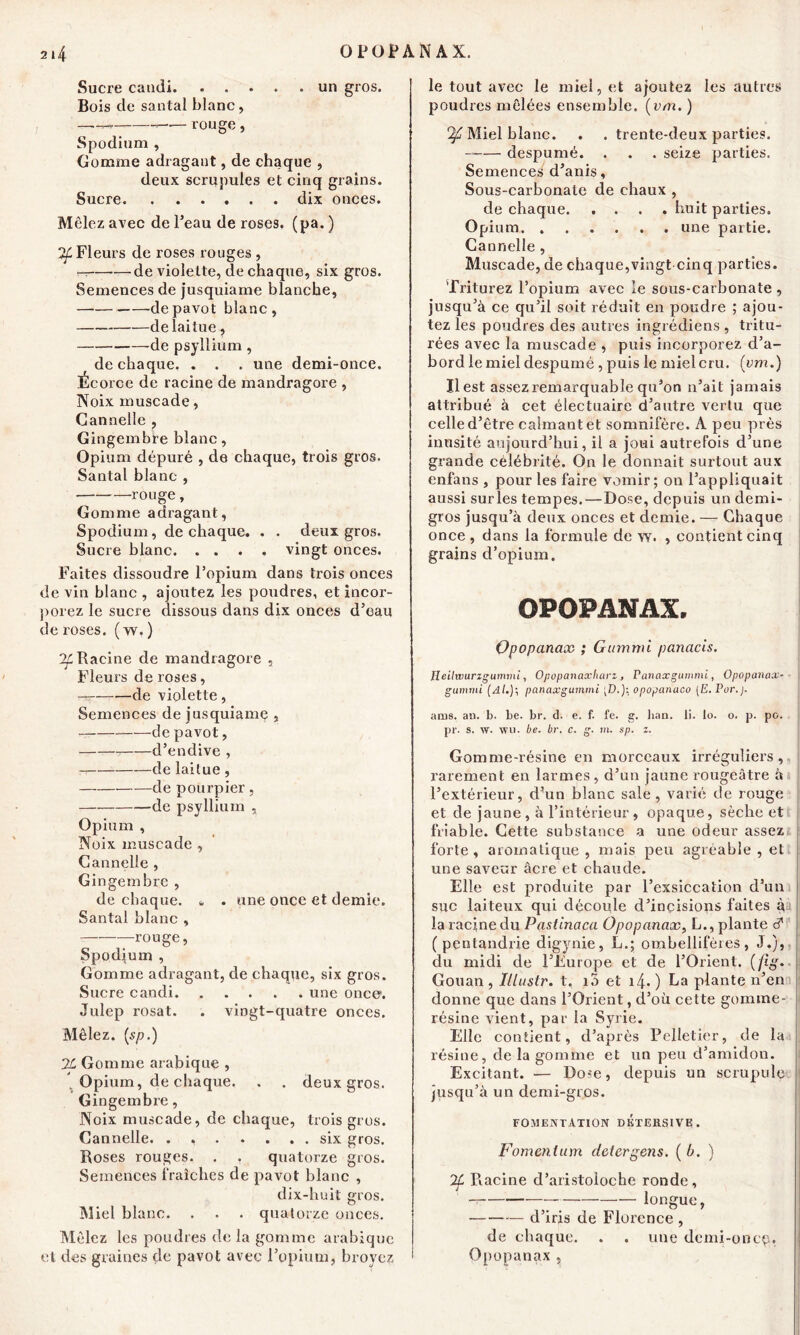 OPOPANAX. Sucre candi un gros. Bois de santal blanc, — —— rouge, Spodium , Gomme adragaut, de chaque , deux scrupules et cinq grains. Sucre dix onces. Mêlez avec de Peau de roses, (pa. ) ^Fleurs de roses rouges , -r de violette, de chaque, six gros. Semences de jusquiame blanche, — de pavot blanc, de laitue, de psyllium, de chaque. . . . une demi-once. Écorce de racine de mandragore , Noix muscade, Cannelle , Gingembre blanc, Opium dépuré , de chaque, trois gros. Santal blanc , rouge, Gomme adragant, Spodium, de chaque. . . deux gros. Sucre blanc vingt onces. Faites dissoudre l’opium dans trois onces de vin blanc , ajoutez les poudres, et incor- porez le sucre dissous dans dix onces d’eau de roses. ( w. ) ^Racine de mandragore , Fleurs de roses, —. de violette , Semences de jusquiamp , de pavot, d’endive , de laitue, de pourpier, de psyllium , Opium , Noix muscade , Cannelle , Gingembre , de chaque. » . une once et demie. Santal blanc , rouge, Spodium , Gomme adragant, de chaque, six gros. Sucre candi une once. Julep rosat. . vingt-quatre onces. Mêlez. (sp.) IL Gomme arabique , . Opium, de chaque. . . deux gros. Gingembre, Noix muscade, de chaque, trois gros. Cannelle. . six gros. Roses rouges. . . quatorze gros. Semences fraîches de pavot blanc , dix-huit gros. Miel blanc. . . . quatorze onces. Mêlez les poudres de la gomme arabique et des graines çle pavot avec l’opium, broyez le tout avec le miel, et ajoutez les autres poudres mêlées ensemble, (cm. ) Miel blanc. . . trente-deux parties. —— despumé. . . . seize parties. Semences d’anis, Sous-carbonate de chaux , de chaque huit parties. Opium. une partie. Cannelle , Muscade, de chaque,vingt cinq parties. Triturez l’opium avec le sous-carbonate , jusqu’à ce qu’il soit réduit en poudre ; ajou- tez les poudres des autres ingrédiens , tritu- rées avec la muscade , puis incorporez d’a- bord le miel despumé , puis le miel cru. (vm.) Il est assez remarquable qu’on n’ait jamais attribué à cet éiectuaire d’autre vertu que celle d’être calmant et somnifère. A peu près inusité aujourd’hui, il a joui autrefois d’une grande célébrité. On le donnait surtout aux enfans , pour les faire vomir; on l’appliquait aussi surles tempes. — Dose, depuis un demi- gros jusqu’à deux onces et demie. — Chaque once, dans la formule de w. , contient cinq grains d’opium. OPOPANAX. Opopanax ; Gummi panacis. Jleitwurzgummi, Opopanaxharz, Panaxgummi, Opopanax- gummi (Al.)-, panaxgummi [D.): opopanuco (E.Por.). aius. an. b. be. br. d. e. f. fe. g. ban. li. lo. o. p. pc. pr. s. w. wu. be. br. c. g. ni. sp. z. Gomme-résine en morceaux irréguliers , rarement en larmes , d’un jaune rougeâtre à l’extérieur, d’un blanc sale, varié de rouge et de jaune , à l’intérieur, opaque, sèche et friable. Cette substance a une odeur assez forte, aromatique, mais peu agréable , et une saveur âcre et chaude. Elle est produite par l’exsiccation d’un suc laiteux qui découle d’incisions faites à la racine du Pastinaca Opopanax, L., plante <? (pentandrie digynie, L.; ombellifères, J.), du midi de l’Europe et de l’Orient, Q%. Gouan , Illustr. t, i5 et i/p ) La plante n’en donne que dans l’Orient, d’où cette gomme- résine vient, par la Syrie. Elle contient, d’après Pelletier, de la résiue, de la gomme et un peu d’amidon. Excitant. — Dose, depuis un scrupule jusqu’à un demi-gros. FOMENTATION DKTERSIVE. Fomcnlum delergens. ( b. ) 2f Piacine d’aristoloche ronde, longue, d’iris de Florence , de chaque. . . une dcmi-oncp. Opopanax ,