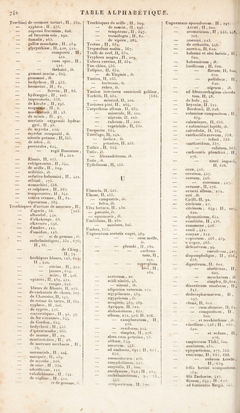 ïrocliisci de cremore tartari , TI, 552. •— cypheos , II , 475- — cupressi fractuum , 606. — ad fœtorem oris , 292. •— fumalis , 263. -— galliæ moschatæ , II, 139. — glycyrrhizæ , II, 420, 421. — — composai , II, 421. — — curn opio , II , 422. —• — thebaici , ib. — gummi acaciæ , 624. — gummosi , ib. — hedychroi , II , 455. — hermetici , II , 8i , — — Seretæ, II, 86. — hydrargyri, II , 100. — imperatoris, 338. — dekarabe , II, 195. — magoesiœ , II , 5. — mastî'catorii , II , 18. — de minio , II , 97. — muriatis oxygeuati hydrar- gyri, II, 93. — de myrrba , 220. — myrrbæ compositi , ib. — nitralis polassæ , II, 335. —. de nitro , ib. — pectorales, 624. — — regii Danorum , II, 42 2. —• Rhazis, II, 275. — réfrigérantes, II, 34i. — de scilla , il , Ë09. — scillitici, ib. — sedalivo-balsamici, II, 422. — stibiati , 175. •— stornaebiei, 338. — etsulphpre, 11,567. — tempérantes, II, 341. — contra vernies , II , 81. — viperarum , 584 ïrochisques d’acétate de mercure , II, — d’agaric, 56. [n5. — alhandal , 44o. — d’alkekenge, 68. — alkermès , 696. — d’ambre, 111. •— d’amidon, 113. — — et de gomme , ib. ■— anthelmintiqu.es, 53j , 676; II , 86. — — de Cliïng , II, 71. — béchiques blancs, 110, 624-, II , 420. — — citrins, II, 422. — — jaunes, 624. — — noirs, II , 426. — opiacés , II, 189, 422. — — rouges, 615. — blancs de Rfaazès, II, 270, — de carbonate de chaux, 007. — de Chaussier, II, 192. — de crcme de tartre, 11, 552. — cypheos , II, 606. — de cyprès , 475. — escarrotiques , II , 9.5, 97. •— de fer citronnés , 544. de Gordon , 624, — hedyehroi , II, 453. — d'ipécacuanha , 666. — de manne , Il , 10. — masticatoires ,■ II, 18. — de mercure saecharin , II , 38. mercuriels, II, io4- — musqués, II, 139. — de myrrhe , 226. —■ de nitre , II , 33o. —■ odoriférans, 111. rafraîchissons , II , 541. — de réglisse , II , 42 1. — et de gomme, ib. Trochisques de scille , II, 509. — de suecin , II, 195. — tempérans , II, 347. — vermifuges , II, 8i. — de vipère , 684. Troène , II, 631. Tropæolum majus , 367. Truifede cerf, II, 65i. Trvphera magna , II, 209. Tubera eervina, II, 65i. Tue chien, 436. Tulipier, II, 63i. — de Virginie , ib. Tunica, II, i63. — horlensis ,ib. t— rubra, ib. Tunieæ interiores ventriculi gallinæ, Turhith, II, 63i. [583. — minéral, II, 102. Turioties pini, II, 264. Turpethum album, TI, 632. — minérale, II, 102. — nigrum, II, io3. — rubrum , II , loi. — vegetabile, II, 632. Turquette, 654- Tussiîago, II, 242. — farfara , ib. — petasiles, II, 255. Tulhia , II, 654- Tutia, ib. — Alexandrinum, ib. Tutie , ib. Tyllelinum , II, 253. U Ultnaria, II, 425. Ulmus, II, 233. — eampestris, ib. — fulva, ib. Ulva lactuca, II, i3o. — pavonia, ib. — squamaria , ib. Umbilicus, II, 160. — marinus, 5o3. Timbra, 523. Unguentum acetatis cupri, 469. — — — curn melle, ib. — — plumbi , II, 282. —— — — . carbona- tum, II , 292. •— — — superplum bici, II , 282. — acelaium, 20. — acidi nilrici, 43. — ■—• nitrosi, ib. •— adipociræ cetorum, 271. — ægypliacum, 439- — ægypticum , ib. æruginis, 45g, 469. — Agrippæ, II, 621. — alabastrinum , 662. — album, 271, 416; II, 276. — —• camphoratum , II, 276. — — résolve ns, 12 4- — — simplex, 11, 276. — aloes cum petroleo , 73. —t altbææ, 649. — a ni arum, 445- — ad ambusta ,691; II, 667 , 658. — ammoniatum , i36. — amygdalînuni, 417- amyridis, II , 600. — anudynnin , 691 ; II , 189. — imthelminticuru, 9, e3, 445. anlipsoricum, II, 670, Unguentum apostoloruni. II , 297. — Arcœi , II , 600. — aromaticum , II , 445, 448, 705. — arsenici, 2 i3. — de arthanita, 445. ■— aureum, II, 620. — balsami et olei laricis , II , fioo. — balsamieum , ib. — basilicum , II, C20. — — flavum, II, 600, 620. — — pallidum , II , 620. — — nigrum , ib. — ad blennorrhagiam ciiorda- tam, II, 48. — de bolo , 94. — bryoniæ, II. 521. — Burdenii, 11,328. — calaminæ compositu ni , U , 65 9- — calaminare, II, 656. — e calaminari lapide, ib. — caletidulæ, II, 564. — cantbaridis cereum , 358. — — infusi , 353. —- cantbaridum, 357. —- — colatum, 563. — carbonatis plumbici , II, 276. — — zinci inipuri, II, 656. — ceræ, 416. — ceratum, 417. — cereum, 41 G. — — ourcuniæ , 417. — cerussæ, II, 276. — ceiacei album , 271. — ceti , ib. — Cirilli, II, 92. — citrieum , 27. — citrinum, 649; II, 107, 620. — clysinaticum, 65i. — comitistæ, II , i5G. — commune , 416. — conii , 411. — conyzæ , 511. — cupratum , 466,469, -— e cupro, 463. defensivum , 94. ■— — cceruleum, 427» — diapoinplioligos , II, 656 , 658. — digestivum, TI. 601. — — aloetieuui, II, 602. —* — myrrbatum. ih. — — simplex, II-,601. diureticum resolvens , 11 , Ei3. — dodecapharniacum , U , 2 9.7- — elemi, II, 601. — — cum alumine, II, 61. — — compositu ni , II , 600. — — et lerebinthinæ , ib. — emolliens , 416 ; II, i65 , 620. — — et sedans, II, 176. empirieum Tlaki, 5oo. enulatum, 23 1. — epispasticum, 277, 353. exsiccans, Il , 657, 658. — — rubrum Acrelii * II , G 59. — fellis boviui compositu™, 2 6 9. — lilii Zacliariæ, 41-7- — flavum , 649 ; II. 61 s. ad fonticulos Bergli, 363. il /