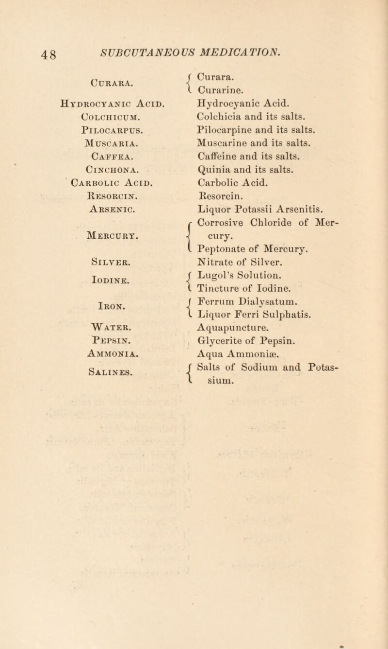 SUBCUTA NEO VS MEDIC A 770A’. CURARA. j r Curara. L Curarine. Hydrocyanic Acid. COLCHICUM. Pilocarpus. Muscaria. Caffea. Cinchona. Carbolic Acid. Kesorcin. Arsenic. i Hydrocyanic Acid. Colchicia and its salts. Pilocarpine and its salts. Muscarine and its salts. Caffeine and its salts. Quinia and its salts. Carbolic Acid. Resorcin. Liquor Potassii Arsenitis. r Corrosive Chloride of Mer¬ Mercury. J cury. 1 Peptonate of Mercury. Silver. Nitrate of Silver. Iodine. -j ( Lugol’s Solution. 1 Tincture of Iodine. Iron. < 1 Ferrum Dialysatum. 1 Liquor Ferri Sulphatis. Water. Pepsin. Ammonia. Aquapuncture. Glycerite of Pepsin. Aqua Ammoniae. Salines. -j f Salts of Sodium and Potas- L sium.