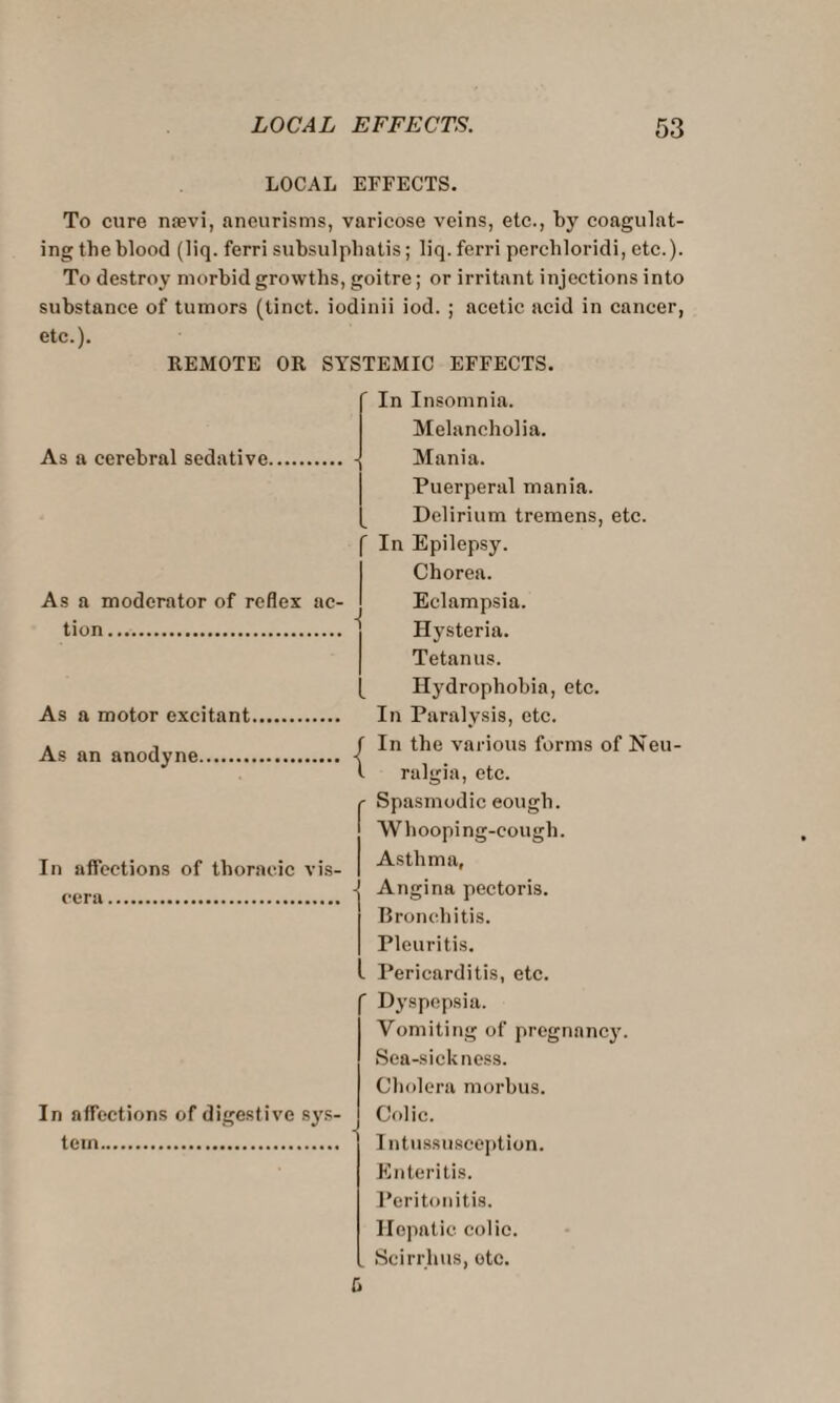 LOCAL EFFECTS. To cure nrevi, aneurisms, varicose veins, etc., by coagulat¬ ing the blood (liq. ferri subsulphatis; liq. ferri percliloridi, etc.). To destroy morbid growths, goitre; or irritant injections into substance of tumors (tinct. iodinii iod. ; acetic acid in cancer, etc.). REMOTE OR SYSTEMIC EFFECTS. As a cerebral sedative, As a moderator of reflex ac¬ tion . As a motor excitant. As an anodyne. In affections of thoracic vis¬ cera . In affections of digestive sys¬ tem. In Insomnia. Melancholia. Mania. Puerperal mania. Delirium tremens, etc. In Epilepsy. Chorea. Eclampsia. Hysteria. Tetanus. Hydrophobia, etc. In Paralysis, etc. In the various forms of Neu¬ ralgia, etc. Spasmodic eough. Whooping-cough. Asthma, Angina pectoris. Bronchitis. Pleuritis. Pericarditis, etc. Dyspepsia. Vomiting of pregnancy. Sea-sickness. Cholera morbus. Colic. Intussusception. Enteritis. Peritonitis. Hepatic colic. . Scirrlms, otc. fi