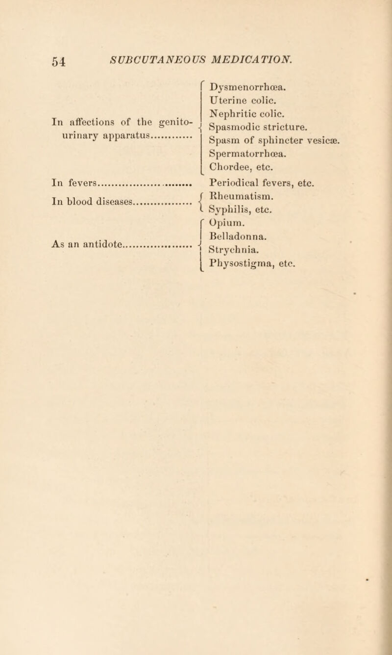 In affections of the genito¬ urinary apparatus. Dysmenorrhcea. Uterine colic. Nephritic colic. Spasmodic stricture. Spasm of sphincter vesica:. Spermatorrhoea. Chordee, etc. In fevers. In blood diseases As an antidote Periodical fevers, etc. f Rheumatism. I Syphilis, etc. f Opium. I Belladonna, j Strychnia. I Physostigma, etc.