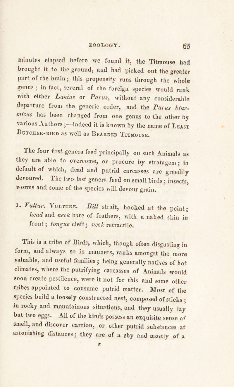 minutes elapsed before we found it, the Titmouse had brought it to the ground, and had picked out the greater part of the brain; this propensity runs through the whole genus ; in fact, several of the foreign species would rank with either Lcmius or Purus, without any considerable departure from the generic order, and the Purus biar- mkus has been changed from one genus to the other by various Authors ;-—indeed it is known by the name of Least Butcher-bird as wrell as Bearded Titmouse. The four first genera feed principally on such Animals as they are able to overcome, or procure by stratagem; in default of which, dead and putrid carcasses are greedily devoured. The two last genera feed on small birds; insects, worms and some of the species will devour grain. 1. Vultur. Vulture. Bill strait, hooked at the point; head and neck bare of feathers, with a naked skin in front; tongue cleft; neck retractile. This is a tribe of Birds, which, though often disgusting in lorm, and always so in manners, ranks amongst the more valuable, arid useful families ; being generally natives of hot climates, where the putrifying carcasses of Animals would soon create pestilence, were it not for this and some other tribes appointed to consume putrid matter. Most of the species build a loosely constructed nest, composed of sticks • in rocky and mountainous situations, and they usually lay but two eggs. All of the kinds possess an exquisite sense of smell, and discover carrion, or other putrid substances at astonishing distances; they are of a shy and mostly of a F