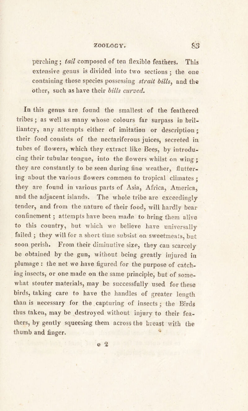 perching; tail composed of ten flexible feathers. This extensive genus is divided into two sections ; the one containing those species possessing strait billsy and the other, such as have their bills curved. In this genus are found the smallest of the feathered tribes ; as well as many whose colours far surpass in bril- liantcy, any attempts either of imitation or description; their food consists of the nectariferous juices, secreted in tubes of flowers, which they extract like Bees, by introdu- cing their tubular tongue, into the flowers whilst on wing ; they are constantly to be seen during fine weather, flutter- ing about the various flowers common to tropical climates; they are found in various parts of Asia, Africa, America, and the adjacent islands. The whole tribe are exceedingly tender, and from the nature of their food, will hardly bear confinement ; attempts have been made to bring them alive to this country, but which we believe have universally failed ; they will for a short time subsist on sweetmeats, but soon perish. From their diminutive size, they can scarcely be obtained by the gun, without being greatly injured in plumage : the net we have figured for the purpose of catch- ing insects, or one made on the same principle, but of some- what stouter materials, may be successfully used for these birds, taking care to have the handles of greater length than is necessary for the capturing of insects ; the Birds thus taken, may be destroyed without injury to their fea- thers, by gently squeesing them across the bieast with the thumb and finger.