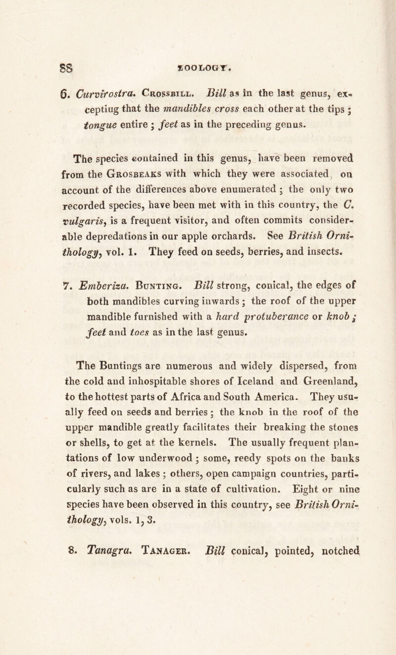 6. Curvirostra. Crossbill. Bill as in the last genus, ex- cepting that the mandibles cross each other at the tips ; tongue entire ; feet as in the preceding genus. The species contained in this genus, have been removed from the Grosbeaks with which they were associated on account of the differences above enumerated ; the only two recorded species, have been met with in this country, the (7. •vulgaris, is a frequent visitor, and often commits consider- able depredations in our apple orchards. See British Orni- thology , vol. 1. They feed on seeds, berries, and insects. < V 7. Emberiza. Bunting. Bill strong, conical, the edges of both mandibles curving inwards ; the roof of the upper mandible furnished with a hard protuberance or knob ; feet and toes as in the last genus. The Buntings are numerous and widely dispersed, from the cold and inhospitable shores of Iceland and Greenland, to the hottest parts of Africa and South America. They usu- ally feed on seeds and berries; the knob in the roof of the upper mandible greatly facilitates their breaking the stones or shells, to get at the kernels. The usually frequent plan- tations of low underwood; some, reedy spots on the banks of rivers, and lakes ; others, open campaign countries, parti- cularly such as are in a state of cultivation. Eight or nine species have been observed in this country, see British Orni- thology , vols. 1,3. 8. Tanagra. Tanager. Bill conical, pointed, notched