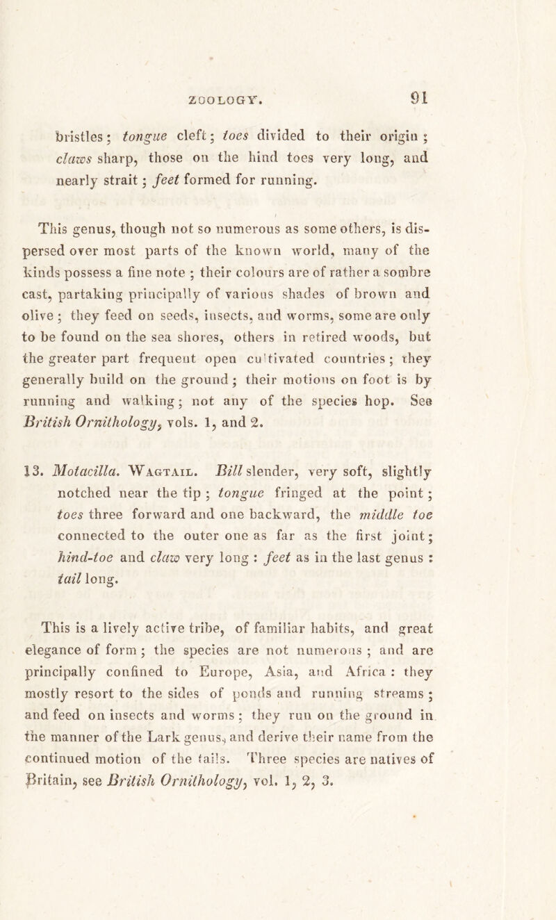 bristles; tongue cleft; toes divided to their origin ; claws sharp, those on the hind toes very long, and nearly strait; feet formed for running. ) This genus, though not so numerous as some others, is dis- persed over most parts of the known world, many of the kinds possess a fine note ; their colours are of rather a sombre cast, partaking principally of various shades of brown and olive ; they feed on seeds, insects, and worms, some are only to be found on the sea shores, others in retired woods, but the greater part frequent open cu’tivated countries; they generally build on the ground; their motions on foot is by running and walking; not any of the species hop. See British Ornithology 9 vols. 1, and 2. 13. Motacilla. Wagtail. Bill slender, very soft, slightly notched near the tip ; tongue fringed at the point; toes three forward and one backward, the middle toe connected to the outer one as far as the first joint; hind-toe and claw very long : feet as in the last genus : tail long. This is a lively active tribe, of familiar habits, and great elegance of form ; the species are not numerous ; and are principally confined to Europe, Asia, and Africa : they mostly resort to the sides of ponds and running streams ; and feed on insects and worms; they run on the ground in the manner of the Lark genuss and derive their name from the continued motion of the tails. Three species are natives of .jBritain, see British Ornithology, vol. 1, 2, 3.