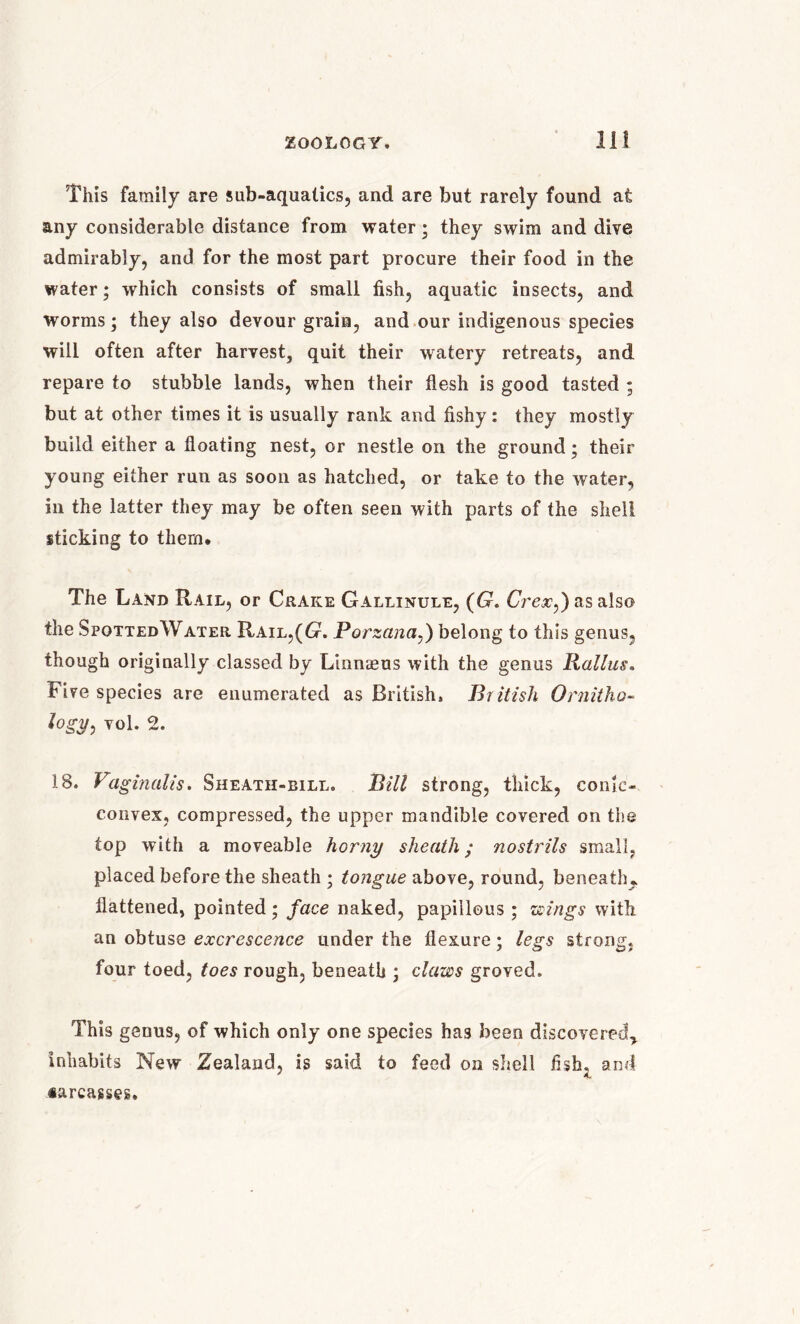 This family are sub-aquatics, and are but rarely found at any considerable distance from water; they swim and dive admirably, and for the most part procure their food in the water; which consists of small fish, aquatic insects, and worms; they also devour grain, and our indigenous species will often after harvest, quit their watery retreats, and repare to stubble lands, when their flesh is good tasted ; but at other times it is usually rank and fishy : they mostly build either a floating nest, or nestle on the ground; their young either run as soon as hatched, or take to the water, in the latter they may be often seen with parts of the shell sticking to them. The Land Rail, or Crake Gallinule, (G. Gresc,) as also the Spotted Water Rail,(G. Porzana,) belong to this genus, though originally classed by Linnaeus with the genus Rallus. Five species are enumerated as British. British Ornitho- logy , vol. 2. 18. Vaginalis. Sheath-bill. Bill strong, thick, conic- convex, compressed, the upper mandible covered on the top with a moveable horny sheath; nostrils small, placed before the sheath ; tongue above, round, beneath* flattened, pointed; face naked, papillous ; wings with an obtuse excrescence under the flexure; legs strong, four toed, toes rough, beneath ; claws groved. This genus, of which only one species has been discovered,, inhabits New Zealand, is said to feed on shell fish, and #arcagses.