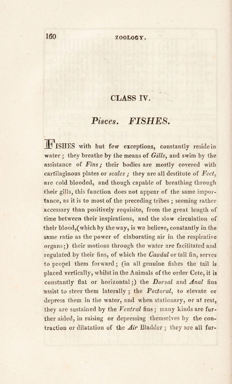 CLASS IV. Pisces. FISHES. 3? ISHES with but few exceptions, constantly reside in water ; they breathe by the means of Gills, and swim by the assistance of Fins; their bodies are mostly covered with cartilaginous plates or scales ; they are all destitute of Fect^ are cold blooded, and though capable of breathing through their gills, this function does not appear of the same impor- tance, as it is to most of the preceding tribes; seeming rather accessary than positively requisite, from the great length of time between their inspirations, and the slow circulation of their blood,(which by thewray, is we believe, constantly in the same ratio as the power of elaborating air in the respirative organs;) their motions through the water are facilitated and regulated by their fins, of which the Caudal or tail fin, serves to propel them forward; (in all genuine fishes the tail is. placed vertically, whilst in the Animals of the order Cete, it is constantly fiat or horizontal;) the Dorsal and Anal fins ■assist to steer them laterally ; the Pectoral, to elevate or depress them in the water, and when stationary, or at rest, they are sustained by the Ventral fins; many kinds are fur- ther aided, in raising or depressing themselves by the con- traction or dilatation of the Air Bladder ; they are all fur-