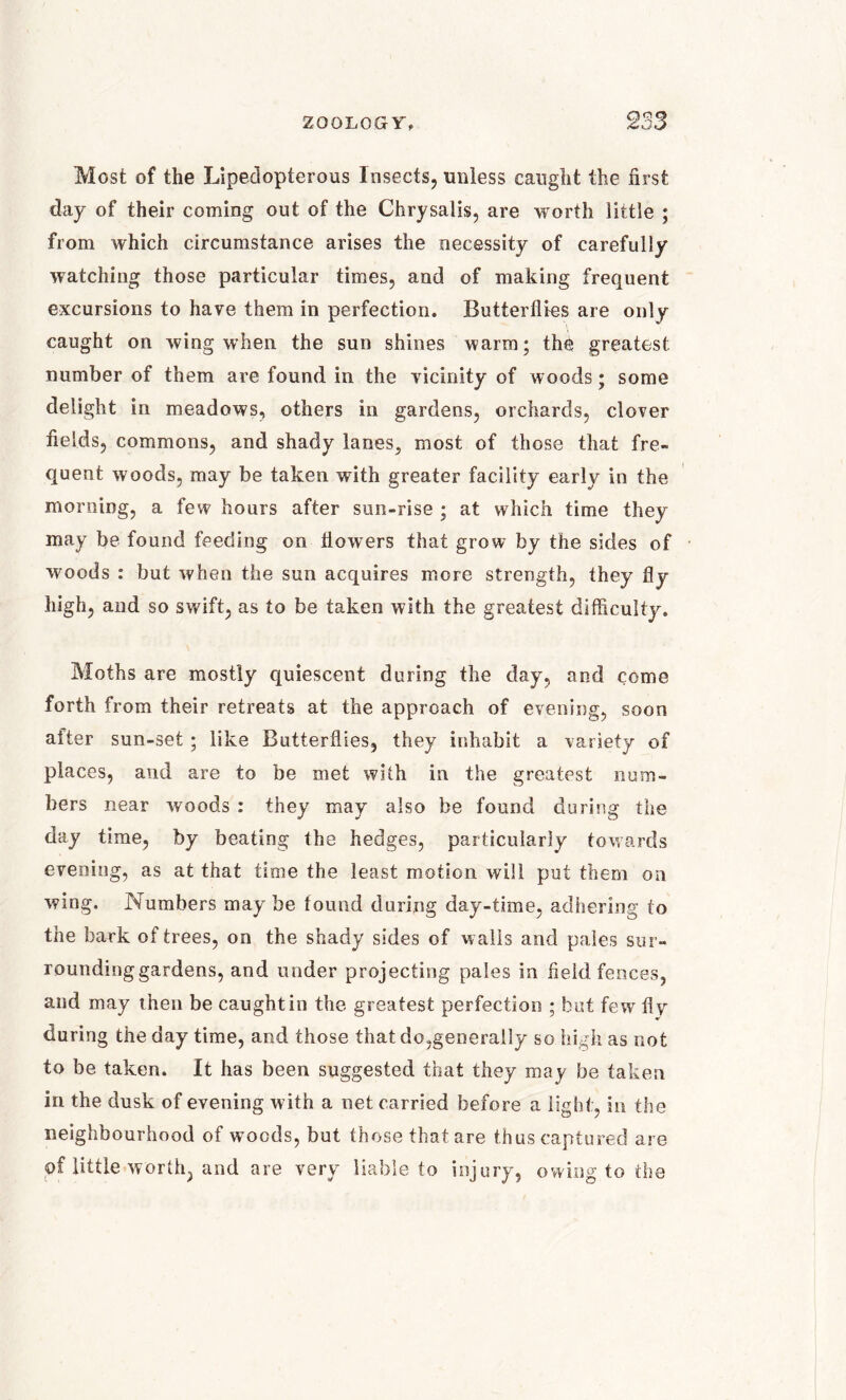 Most of the Llpeclopterous Insects, unless caught the first day of their coming out of the Chrysalis, are worth little ; from which circumstance arises the necessity of carefully watching those particular times, and of making frequent excursions to have them in perfection. Butterflies are only caught on wing when the sun shines warm; the greatest number of them are found in the vicinity of woods; some delight in meadows, others in gardens, orchards, clover fields, commons, and shady lanes, most of those that fre- quent woods, may be taken with greater facility early in the morning, a few hours after sun-rise ; at which time they may be found feeding on flowers that grow by the sides of woods : but when the sun acquires more strength, they fly high, and so swift, as to be taken with the greatest difficulty. Moths are mostly quiescent during the day, and come forth from their retreats at the approach of evening, soon after sun-set ; like Butterflies, they inhabit a variety of places, and are to be met with in the greatest num- bers near woods : they may also be found during the day time, by beating the hedges, particularly towards evening, as at that time the least motion will put them on wing. Numbers may be found during day-time, adhering to the bark of trees, on the shady sides of walls and pales sur- rounding gardens, and under projecting pales in field fences, and may then be caught in the greatest perfection ; but few flv during the day time, and those that do,generally so high as cot to be taken. It has been suggested that they may be taken in the dusk of evening with a net carried before a light, in the neighbourhood of woods, but those thatare thus captured are of little worth, and are very liable to injury, owing to the