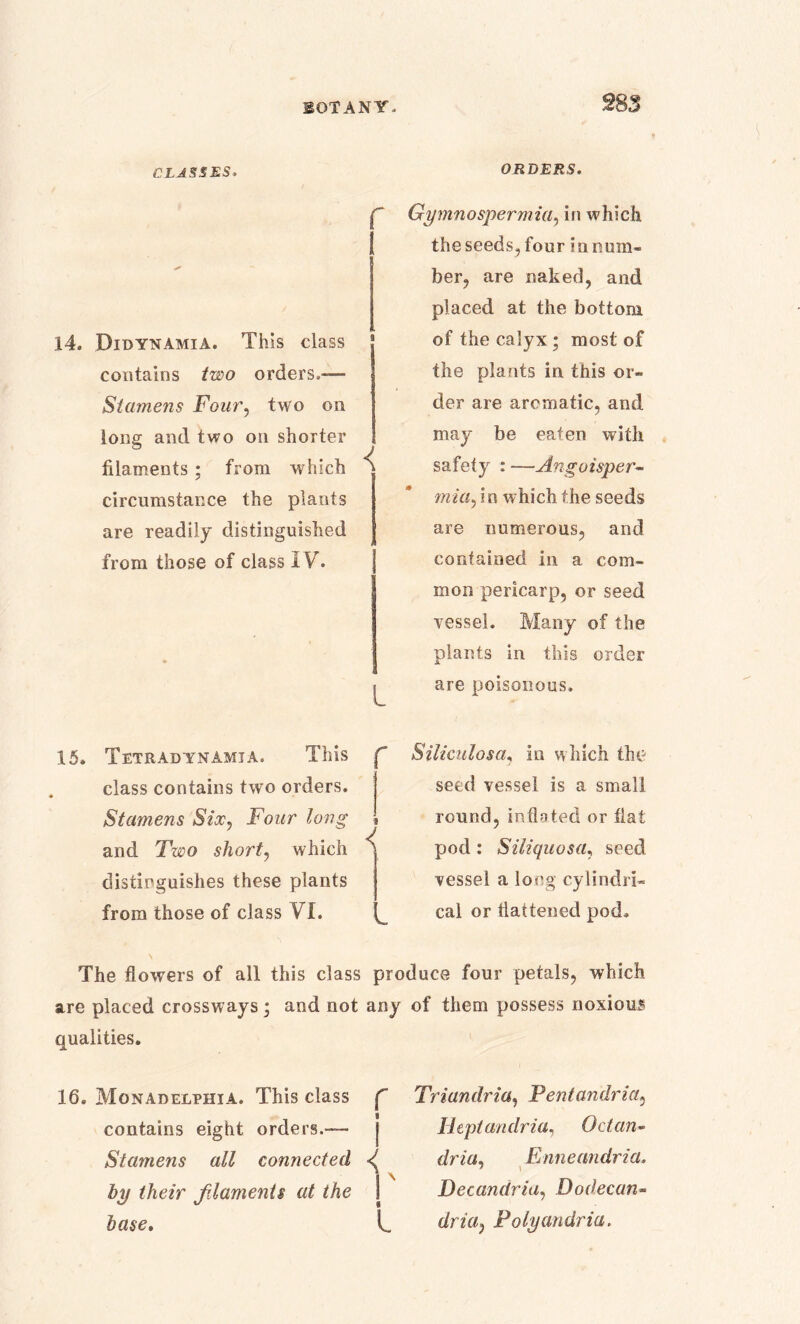 28 3 CLASSES, 14. Didynamia. This class contains two orders,-— Stamens Four, two on long and two on shorter filaments ; from which ^ circumstance the plants are readily distinguished from those of class IV. 15. Tetradynamia. This class contains two orders. Stamens Six, Four long and Two short, which distinguishes these plants from those of class VI. ORDERS. Gymnospermia, in which the seeds, four i n num- ber, are naked, and placed at the bottom of the calyx ; most of the plants in this or- der are aromatic, and may be eaten with safety : —Angoisper- mia, in which the seeds are numerous, and contained in a com- mon pericarp, or seed vessel. Many of the plants in this order are poisonous, f Siliculosa, in w hich the seed vessel is a small 1 round, inflated or flat \ pod : Siliquosa, seed vessel a long cylindri- cal or flattened pod. The flowers of all this class produce four petals, which are placed crossways; and not any of them possess noxious qualities. 16. Monadelphia. This class f contains eight orders.™ j Stamens all connected ^ by their filaments at the I base. L Triandria, Pentandria, Hcptandria, Oct cm- dria, Enneandria. Decanc/ria, Dodecan- dria, Polyandria.