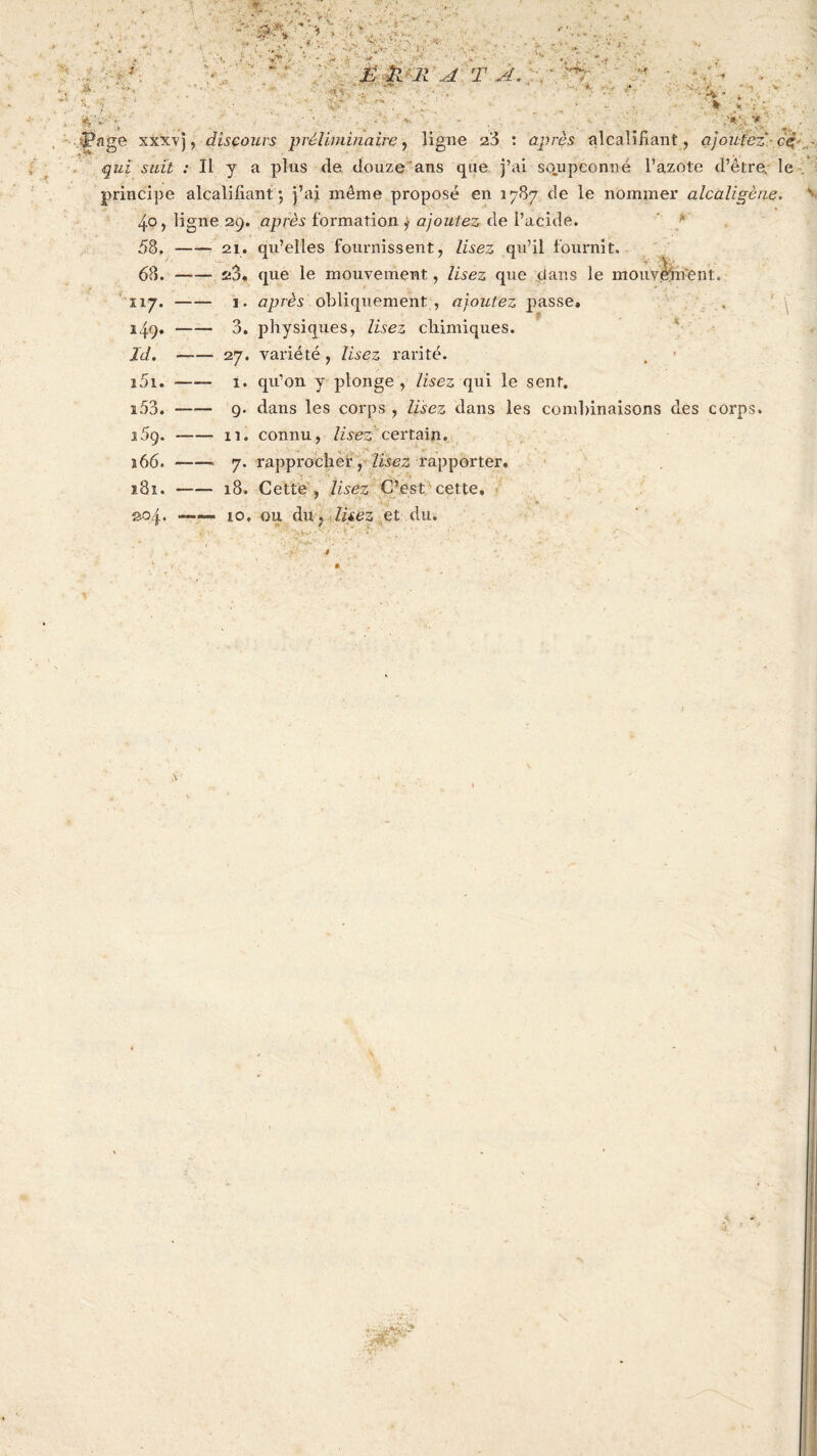 *r- > , ’ ’■ d.\- . A f. -tf* V > * * -£ \b • • . >77 • ‘ -v f - .... • • A - . , • . f, v :-f •• • • f; ~ E&RATA.  ' • ■ • V. • ■ • . • * 'Tl * • ■k- : ■ 'V- • ; w ■* . . \ , , . . ■ . ' . . . ... page xxxvj, discours priliminaire , ligne 28 : apres alcalifiant, ajoutez cci qui suit .*11 y a plus de douze ans que j’ai squpeonne 1’azote d’etre, le principe alcalifiant •, j’ai rneme propose en 1787 de le nommer alcaligene. v 40, ligne 29. apres formation ,• ajoulez de i’acide. 58. 21. qu’elles fournissent, lisez qu’il fournit. 68. 117. s3, que le mouvement, lisez que dans le mouv6in:ent. 1. apres obliquement , ajoulez passe. 149* 3. physiques, lisez cliimiques. Id. orj. variete, lisez rarite. i5i. 1. qu’on y plonge , lisez qui le sent. i53. 169. 26 6. 9. dans les corps , lisez dans les combinaisons des corps. 11. connu, lisez certain. 7. rapprochef, lisez rapporter. 181. 18. Cette , lisez C’est cette. xr •