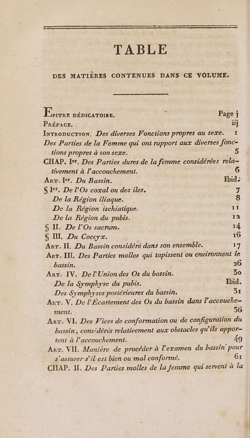 TABLE DES MATIÈRES CONTENUES DANS CE VOLUME. | DS DÉDICATOIRE. Page j PRÉFACE. ii} Inrropucrion, Des diverses Fonctions propres au sexe. 1 Des Parties de la Femme qui ont rapport aux diverses fonc- tions propres à sonsexe. 5 CHAP, Ier. Des Parties dures de la femme considérées rela- tement à l’accouchement. 6 ArT.ler. Du Bassin. : Ibid $ Ier. De l’Os coxal ou des iles. 7 De la Région iliaque. 8 De la Région ischiatique. 17 De la Région du pubis. 12 $ IT. De l’Os sacrum. 14 $ IT, Du Coccyx. 16 Arr. Il. Du Bassin considéré dans son ensemble. 17 Arr. IL. Des Parties molles qui tapissent ou environnent le bassin. 26 ArT. IV. De l'Union des Os du bassin. 30 De la Symphyse du pubis. Ibid. Des Symphyses postérieures du bassin, 31 Arr. V. De l’Écartement des Os du bassin dans l’accouche- ment. 36 Arr. VI. Des Vices de conformation ou de configuration du bassin, considérés relativement aux obstacles te appor- tent à l’accouchement. 49 Arr. VII. Manière de procéder à l’examen du bassin pour s'assurer s’il est bien ou mal conformé. Gr CHAP. Il. Des Parties molles de la femme qui servent à la