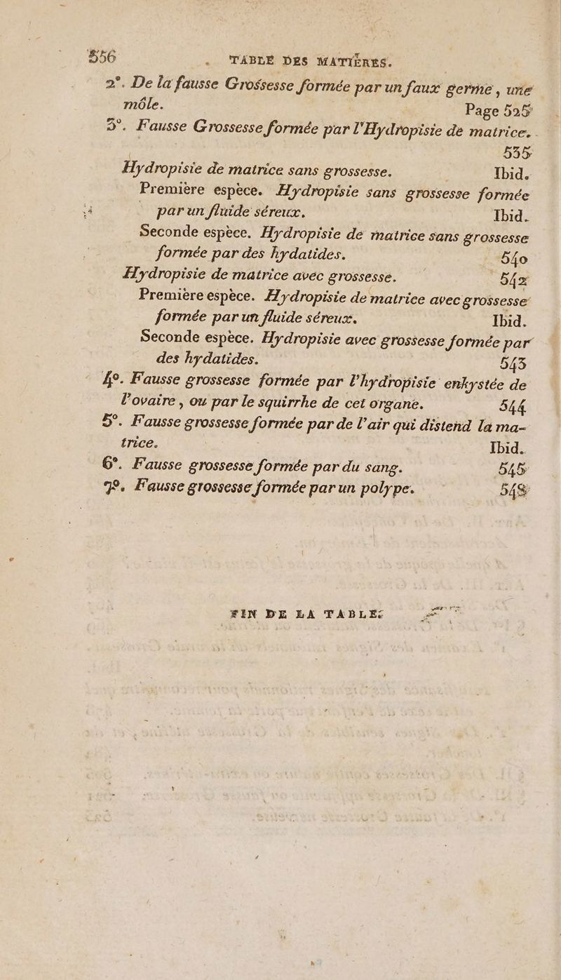 2°. De la fausse Grossesse formée par un faux germe , une môle. Page 525 3°. Fausse Grossesse formée par l'Hydropisie de matrice. 535 Hydropisie de matrice sans grossesse. Ibid. Première espèce. Hydropisie sans grossesse formée À _ parun fluide séreur. Ibid. Seconde espèce. Hydropisie dé matrice sans grossesse formée par des hydatides. 5lo Hydropisie de matrice avec grossesse. _54x Première espèce. Æydropisie de matrice avec grossesse formée par un fluide séreux. Ibid. Seconde espèce. Hydropisie avec grossesse formée par des hydatides. 543 4°. Fausse grossesse formée par l'hydropisie enkystée de l'ovaire , ou par le squirrhe de cet organe. 544 D. Fausse grossesse formée par de l'air qui distend la ma- trice. Ibid. 6°. Fausse grossesse formée par du sang. 545 F. Fausse grossesse formée par un polype. 54% KIN DE LA TABLE: PS