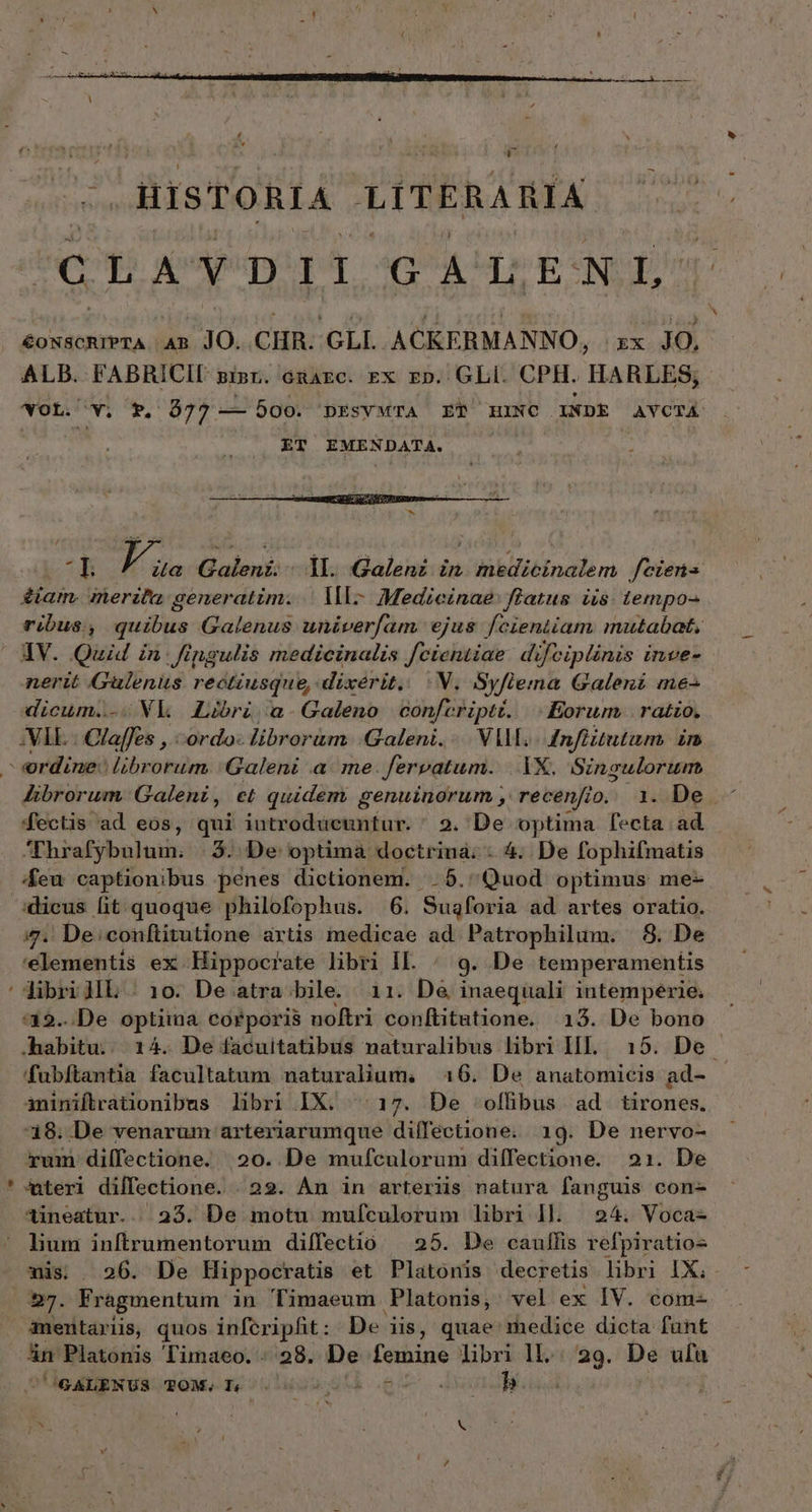 * (CLAYDII GALENIL €oNscRIPTA ΑΒ JO. CHR. ὉΠ]. ACKERMANNO, EX la ALB. FABRICII pzisr. ónazc. ex Ep. GLi. CPH. HARLES; YOL. Y. P. 077 — boo. pEsvwTA ET HINC INDE AYCTÁ i | ET EMENDATA. B nme πον /SNUURS gau Rr 4f b. m j ia Galeni. ll. Galeni in medicinalem feiens giam. merita generatim. [{1: Medicinae: ftatus. iis. 1empo- ribus, quibus Galenus univerfam ejus fcientiam mutabat, iV. Quid in | fingulis medicinalis feiettiae difciplinis inve- nerit Gülenus rectiusque, dixerit. : V. Syfiema Galeni me- :NAL. | Glaffes , -ordo- librorum Galeni... VM 4nflitutum. in Abrorum, Galeni, et quidem genuinorum , recenfio. 1..De..- fectis ad eos, qui introdueuntur. ' 2. De optima fecta ad Thrafybulum; | 3. De optima doctrina; - 4. De fophifmatis feu captionibus penes dictionem. .5. Quod optimus me- dicus lit quoque philofophus. 6. Suaforia ad artes oratio. i. De;conftitutione artis medicae ad Patrophilum. 8. De libri lL 1ο. De atra bile. 11. De inaequali intemperie; 32...De optima cofporis noftri conftitatione. 13. De bono fubftantia facultatum naturalium. 316. De anatomicis ad- aniniflrationibus libri IX. ^ 17. De ^ ollibus ad tirones. 348. De venarum arteriarumque diffectione. 19. De nervo- rum diffectione. 20. De mufculorum diffectione. 21. De Ateri dilfectione. 29. An in arteriis natura fanguis con- lium inftrumentorum diffectio 25. De caulfis refpiratios nis 26. De Hippocratis et Platonis decretis libri IX; án Platonis Timaeo. 28. De pov libri 11. 29. De ufu UGALENUS TOM, Je 20000. Mos b... |
