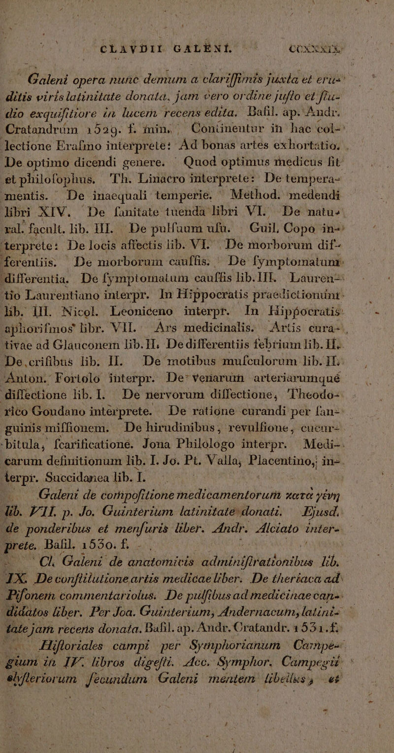 CLAVDIL GALENIÍ | COXXXI&amp; ilo opera nuc QULA Ω ΤῊ ἐ[ δ γεῖ5 juxia et erus ditis viris latinitate donata, jam cero ordine jufto et füu- «io exquift ore im lucem. recens edita. Bafil. ap. Audr. Cratandriim 1529. f iin. Gonünentur in hac col-: ]Jectione Erafimo interprete: Ad bonas artes exhortatio, . De optimo dicendi genere. ' Quod optimus medicus lit etphilofophus. ΤᾺ. Linacro interprete: De tempera- Jdmentis. | De inaequali temperie. ^ Method. medendi libri XIV. De [fanitate tuenda libri VI. De natu» val. facult. lib. HI. De pulfuum ufu. | Guil, Copo in-: terpreto: De Tol affectis lib. VI. 196 morborum dif- fer entis; De morborum cauffis; ^ De fymptomatuni: differentia. De fymptomatum cauffis lib.1F. Τ Δὰν en2i tio Laurentiano interpr. In Hippocratis praedictiondnt: lb. IH. Nicol. Leoniceno interpr. In Hipfocratis aphorifmos libr. ΝΠ. Ars medicinalis. Artis cura-, ttivae ad Glanconem lib. I, De differentiis febrium lib. H.. De.crifibus lib. II. | De motibus mufculorum lib. ΠῚ JÁnton.: Fortolo interpr. De* veriaruin arteriarumqué diffectione lib. I. De nervorum diffectione, 'hheodo- rico Gondano intérprete. De ratione curandi per Ían- | guinis. miffionem. De hirudinibus; revulfione , cueur- -bitula, fcarificationé. Jona Philologo interpr. Medi-. carum defiuitionum lib. I. Jo. Pt. Valla; Placentino;; in-. lerpr. Succidanea lib. d. | ^. Galeni de cortipofitione medicamentorura κατὰ γένη dib. 7511. p. Jo. Guinterium latinitate: donati. Ejusd. «e ponderibus et menfuris liber. ndr. viiogedd intere prete. Balil. 1530. f£, - ΟἹ, Galeni de anatomicis adminif ] Wethohibua lib. IX. De confiitutzone artis medicae liber. De theriaca ad^ Pifonem commentariolus, De pulfibus ad medicinae can. didatos liber. Per Joa. Guiriterium, Andernacum; ἀν διὰ tate jam receris donata. Ball. ap. . Andr. Cratandr. 1534.£f. : e Fijftoriales campi per Symphorianum | Co:npes. gium in IF. libros digefli. co. Symphor. Campegit. elv/leriorum fecundum Galeni mentem libellus, e£ /
