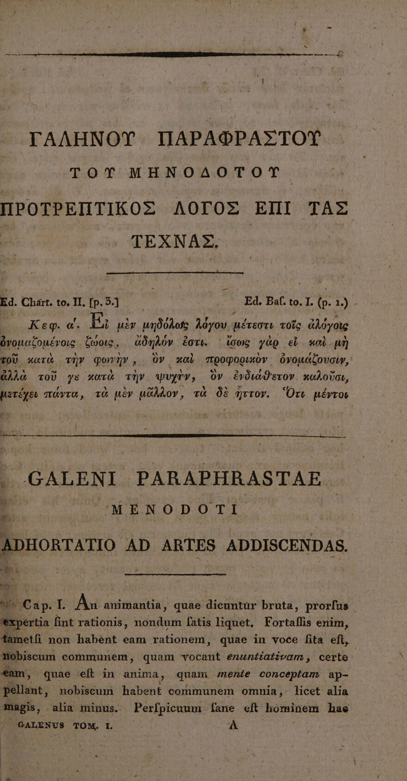 ΓΑΛΗΝΟΥ ΠΑΡΑΦΡΑΣΤΟΥ͂ ΤΟΥ ΜΗΝΟΔΟΤΟΥ͂ ΠΡΟΤΡΕΠΤΙΚΟΣ AOTOZ ἘΠῚ ΤᾺΣ , ΤΈΧΝΑΣ,. ὦ Ed. Chart. to, II. [p. 5.] | | Kd. Baf. to. I. Ὁ: 1.) b Κεφ. α΄. E; μὲν μηδόλως λόγου. μέτεστι τοῖς ἀλόγοις ὀνομαξομένοις ζώοις, ἄδηλόν ἐστι. ἴσως γὰρ εὖ καὶ μὴ τοῦ κατὰ τὴν qon ἢν, ὃν καὶ προφορικὸν. ὀνομάζουσιν, ἀλλὰ τοῦ ys κατὰ τὴν ψυχὴν, ὃν ἐνδιάϑετον. χαλοῦσι, μετέχει πάντα, τὰ μὲν μᾶλλον, τὰ δὲ ἧττον. Ὅτι μέντοι b nn: * 3 GALENI. PARAPHRASTAE. 'MENODOTI ADHORTATIO AD ARTES ADDISCENDAS. SaL ἘΝῚ ἫΝ | ! : ^S Cap. L Áu animantia, quae dicuntur bruta, prorfus 'expertia fint rationis, nondum fatis liquet, Fortaffis enim, famet( non habent eam rationem, quae iu voce [ita eft, mobiscum communem, quam vocant enuntiativam , certe | eam, quae e(t in anima, quam mente conceptam ap- pellant, nobiscum habent communem omnia,- licet alia magis, ala minus. Perfpicuum [ane eft hominem hae