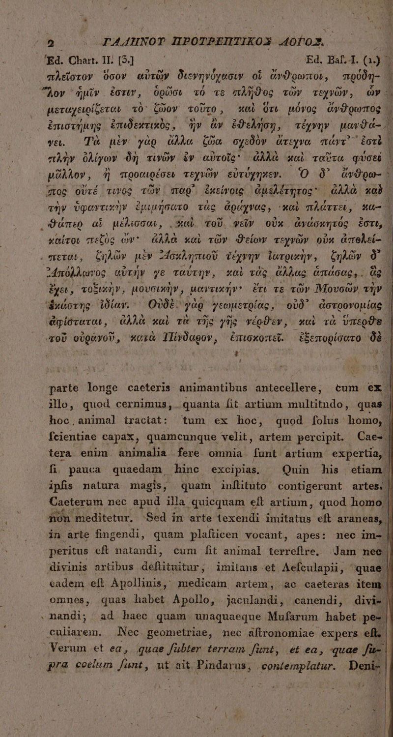 Ed. Chart. II. [5.] Ed, Baf.I. 3g 5 w , c Y πλεῖστον 000» αὐτῶν διεγηνόχασιν οὗ ἄνϑρωπον, πρόδη- Aov ἡμῖν ἐστιν, ὁρῶσυ τό τὸ πλῆϑος τῶν τεχνῶν, ὧν μεταχϑξιρίξεταν τὸ ζῶον τοῦτο, καὶ ὅτι μόγος ἄνθρωπος - Ty E] Y M €^ 2 5 £o ^de , 1 po cM ἐπιστήμης ἐπιδεχτικὺὸς, ἣν ἂὧν ἐϑελήση, τέχνην μανϑά- 1 1 Ad » p D » A AE ME M γε. Τὰ μὲν γὰρ ἄλλα ζῶα σχεδὸν ἄτεχνα πάντ᾽ ᾿ἐστὸ | “πλὴν ὀλίγων δὴ τινῶν iv αὐτοῖς ἀλλὰ καὶ ταῦτα qUOt6 μᾶλλον, ἢ προαιρέσει τεχλῶν δὐτύχηχεν. Ὁ δ᾽ ἄνϑρω- πος οὔτέ τινὸς TOW. παρ᾽ ἐκείνοις ᾿ἀμελέτητος ἀλλὰ καὺ τὴν ὑφαντικὴν ἐμιμήσατο τὰς ἀρύχνας, καὶ πλά aves, A , dune ai μέλισσαι, εὐκαὺ τοῦ. ψεῖν οὐκ ἀνάσκητός ἔστι, χαίτοι πεζὺς ὧν ἀλλὰ καὶ τῶν ϑείων τεχγῶν οὐκ ἀπολεί- . Ὰ b Σ .ατεται, ζηλῶν μὲν “Δσχληπιοῦ gems ἰωτρικὴν» ζηλῶν δ᾽. Φ4πόλλωτος αὐτήν γε ταύτην, καὶ τὰς, ἄλλας ἁπάσαρ;. Ug. ἔχοι, ᾿τοξιχὴν, μουσικὴν, μαντικήν' ἔτι tS τῶν Movoo». τὴν 1 ἥχάστης ἰδίαν. Οὐδὲ. yog γεωμετρίας, οὐδ᾽ ἀστρονομίας . ἀφίσταται, ἀλλὰ καὶ τὰ τὴς γὴς νέρθεν, καὶ τὰ vmsgte | τοῦ οὐρανοῦ, κατὰ Πίνδαρον, ἐπισκοπεῖ. ἐξεπορίσατο δὲ | parte longe caeteris animantibus gie egllena; cun éx | ilo, quod cernimus, . quanta lit artium multitndo, quas | hoc,animal tractat: tum ex hoc, quod folus. homo, Ἷ fcientiae capax, quamcunque velit, artem percipit. Cae- | tera enim animalia fere omnia funt artium expertia, | fi pauca quaedam hinc excipias, ^ Quin his etiam. ipfis natura magis, quam anflituto contigerunt artes; | Caeterum nec apud illa quiequam eft artium, quod homo || Aon meditetur. Sed in arte texendi imitatus eft araneas, |. in arle fingendi, quam plafiicen vocant, apes: mec im-| peritus eft natandi, cum [it animal tex Jam nee | divinis artibus deflituitur, imitans et Aefculapii, quae | eadem elt Apollinis, medicam artem, ac caeteras item | ommes, quas habet Apollo, .jaculandi, canendi, divi- f -nandi,; ad haec quam unaquaeque Mufarum habet. pe- | culiarem. Nec geometriae, nec üftronomiae expers efl. Verum et ea, quae fübter terram funt, et ea, «quae Με: | pra coelum fant, ut ait. linea. contemplatur. Deni- |