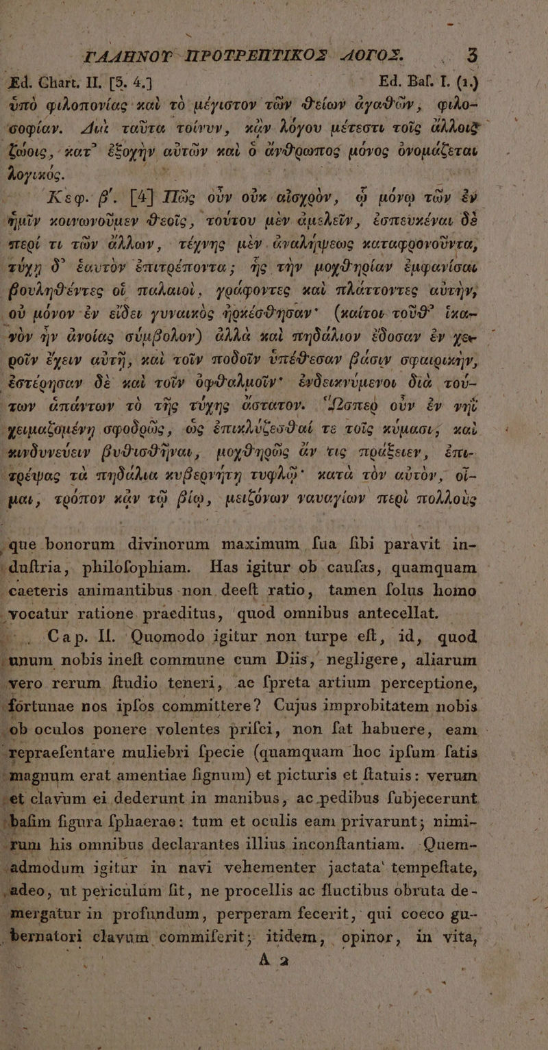 ΤΑΛΉΝΟΥ ΠΡΟΤΡΕΠΤΙΚΟΣ A40TOX. 8 ἘΔ. Chart, II. [5. 4.1 CE) Bd. BalT. (2j ὑπὸ φιλοπονίας xai τὸ μέγιστον τῶν ϑείων ἀγαϑῶν, φιλο- σοφίαν. Διὰ ταῦτα τοίνυν, κἂν λόγου μέτεστι τοῖς ἄλλοιξ ζώοις, κατ᾽ eso αὐτῶν καὶ ὃ ἀγϑύωητας μόνος ὀνομάζεται λογικύς. : : | Ksg. B. [4] TI οὖν οὐκ αἰσχρὸν, ᾧ μόνῳ τῶν 8. ἡμῖν κοινωνοῦμεν ϑεοῖς, τούτου μὲν ἀμελεῖν, ἐσπευκέγναι δὲ περί τι τῶν ἄλλων, τέχνης μὲν. ἀναλήψεως καταφρονοῦντα, τύχῃ δ᾽ ἑαυτὸν ἐπιτρέποντα; ἧς τὴν μοχϑηρίαν ἐμφανίσαι βουληϑέντες oí παλαιοὶ, γράφοντες καὶ πλάττοντες αὐτὴν; οὐ μόνον. ἐν εἴδει γυναικὸς ἠῤχέσϑησαν᾽ (καίτου. τοῦϑ' ixa- L ἦν ἀνοίὰς σύμβολον) ἀλλὰ καὶ πηδάλιον ἔδοσαν ἐν qe goi» ἔχειν αὐτὴ, καὶ τοῖν ποδοῖν ὑπέϑεσαν βάσιν σφαιρυκὴν, ἐστέρησαν δὲ καὶ τοῦν ὀφθαλμοῖν ἐνδεικνύμεγον διὰ τού-- τῶν ἁπάντων τὸ τῆς τύχης ἄστατον. “Πσπεὺ οὖν ἔν γηΐ χειμαζομέγῃ. σφοδρῶς , ὡς ἐπικλύξεσϑαί T6 τοῖς κύμασι; καὶ κινδυνεύειν βυϑισϑῆναν, μοχϑηρῶς ἄν τις πράξειεν, im τρέψας τὰ πηδάλια κυβεργήτη τυφλῷ κατὰ τὸν αὐτὸν, οἷ- μαι, τρόπον x&amp;v τῷ βίῳ, μειξόνων γαυσγίων περὶ πολλοὺς ἀπ bonorum divinorum maximum fua [ibi paravit in- | dufiria, philofophiam. Has igitur ob caufas, quamquam .€aeteris animantibus -non. deeft ratio, tamen [olus homo | yocatur ratione. praeditus, quod omnibus antecellat. | —.. Cap. IL Quomodo igitur non turpe eft, id, quod ;unum nobis ineft commune cum Diis, iuro aliarum »vero rerum. ftudio teneri, .ae fpreta artium perceptione, dórtunae nos ipfos comunittere? Cujus improbitatem nobis. -ob oculos ponere volentes prifci, non fat habuere, eam repraefentare muliebri fpecie (quamquam hoc ipfum. fatis magnum erat amentiae fignum) et picturis et ftatuis: verum. ;et clayum ei dederunt in manibus, ac pedibus fubjecerunt. !bafim figura fphaerae: tum et oculis eam privarunt; nimi- runi his omnibus declarantes illius inconftantiam. -Quem- -admodum igitur in navi vehementer jactata' tempeftate, , adeo, ut pericülüm fit, ne procellis ac fluctibus obruta de- mergatur in profündin, perperam fecerit, qui coeco gu- .bernatori clavum commiferit; itidem, opinor, in vita,