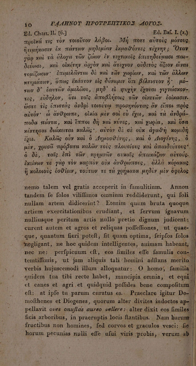 io . £44HNOT HPOTPEIITIKOS JMOros. Ed. Chart. II. Tod vri oo cevaitda Ba LG προῖκά τις τὸν τοιοῦτον λάβοι. Μη ποτε αὑτοὺς μόνους. ἡτιμήκασιν ἐκ πάντων μηδεμίαν ἐχμαϑόντες τέχνην; Ὅταν, γὰρ καὶ τὰ ἀμ τῶν ζώων ἐν τεχνικοῖς ὀπιτηδεύμασι παι-- δεύωσι, καὶ οἰκέτην ἀργὸν καὶ ἄτεχνον οὐδενὸς ἄξιον εἴναν, νομίζωσιν ἐπιμελῶνταν δὲ καὶ τῶν΄ χωρίων, καὺ τῶν ἄλλων κτημάτων, πὼς ἕκάστον sig δύγαμυν Ort βέλτιστον κα ἢ |gó- vov δ᾽ ἑαυτῶν ἀμελῶσι, μηδ᾽ εὖ ψυχὴν ἔχουσι γιγνώσκογ-. τες, εὔδηλον, τι τοῖς ἀποβλήτοις τῶν οἰκδτὼν ἐοίκασυν. (9OTS Tis ἐπιστὰς ἀνδρὺ. τοιούτῳ προσηκόντως ἂν εἴπον πρὸς αὐτόν ὦ ἄνϑρωπε, οἰκία μὲν σοὶ εὖ ἔχεν, καὶ τὰ ἄγδράς ποδὰ πάντα, καὶ ἵπποι δὴ καὶ κύνες, καὶ χωρία, καὶ ὅσα. κέκτησαι διάκειται καλῶς, αὐτὸν δὲ σὲ οὐκ ἀγαϑὴ κομιδὴ ὄζει. Καλῶς οὖν καὶ ὃ 4ημοσϑέ ἕνης, καὶ ὁ Διογένης, ὃ μὲν, χρυσὰ πρόβατα καλῶν τοὺς πλουσίους καὶ ἀπαιδεύτους. ὃ δὲ, ταῖς, ἐπὶ τῶν κρημνῶν συκαῖς ἀπεικάζων. αὐτούς. . μὴ τὸ γὰρ τὸν καρπὸν οὐκ ἀγϑρώπους, ἀλλὰ κόρακας. ἢ κολοιοὺς ἐσθίειν, τούτων τὸ τὸ χρήματα μηδὲν μὲν ὄφελος nemo talem vel gratis acceperit in famulitium. — Ànnon. tandem fe folos viliffinos omnium reddiderunt, qui foli nullam artem didicerint? Etenim quum bruta quoque artium exercitationibus crudiant, δὲ fervum iguavum nullusque peritum artis nullo pretio dignum judicent: | curent autem et agros et reliquas polffeffiones,, ut quae- que, quantum fieri poteft, fit quam optima, feipfos folos | ^Üegligant, ne hoc quidem intelligentes, animam habeant, | | nec ne: perfpicuum ceít, eos limiles effe famulis. con- | temtiffüumis, ut jam ΑΝ νὸν tali homini adítans merito verbis hujuscemodi illum alloquatur: | O homo; familia '| quidem tua tibi recte habet; mancipia omnia, et equi | cet canes et agri.et quidquid poífides bene compofitum | eft: at ipfe tu parum curatus es.. Praeclare igitur De- | niofthenes et Diogenes, quorum alter divites indoctos ap- | pellavit oves onufias aureo vellere: alter dixit eos fimiles | ficis arboribus, in praeruptis locis ftantibus. Nam harunt | | fructibus non homines, fed corvos et graculos vesci: fie - horum pecunias nulli effe ufui viris probis,. verum ab
