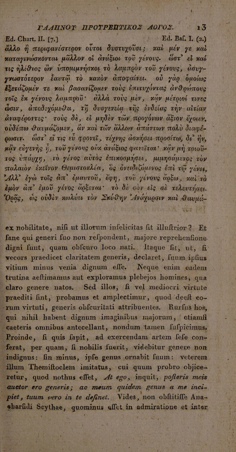 Ν r 1 PAAHNOT ΠΡΟΤΡΕΠΊΙΚΟΣ Orox./ - a8 Ed. Chart. II. [7.] | (f Ed. ΒΑΓ, T. 6) ἄλλο ἢ περιφανέστερον οὗτου δυστυχοῦσι; καὶ μέν γε καὶ τις ἠλίϑιος ἃ ὧν. ὑπομιμνήσκοι τὸ λαμπρὸν. 'τοῦ γένους, ἄδυγ- γνωστότερον ξαυτῷ τὸ κακὸν ἀποφαίνει. οὗ γὰρ ὁμοίως » ] , Q 09 EJ Y a M F τοῖς ἐκ γένους λαμπροῦ ἀλλὰ τοὺς μὲν, XO μέτριοί τυγες 5 *Y E , . ὦσιν, ἀποδεχύμεϑα, τῇ δυσγενείᾳ. τῆς ἐνδείας φῆν: αἰτίαν ἀναφέροντες τοὺς δὲ, εἶ μηδ TOW. προγόνων ἄξιον ἔχοιεν, Quei. ὥστ᾽ εἴ τις εὖ φρονεῖ ὶ τέχνης ἀσκήσει. προσίτω; Qv ἣν, ay εὐγενὴς ἢ, τοὺ γένους οὐκ ἄνόάξιος φανε εὔταν κῶν μὴ τοιοῦ- τος ὑπάρχη, τὸ γένος αὐτὸς ἐπικοσμήσει, μιμησάμενος τὸν σπαλαιὸν. ἐκεῖνον Θεμιστολλέα, ὃς ὀνειδιζύμενος ἐπὶ τῷ γένει, X ἐγὼ τοῖς ἀπ᾿ ὦ ἡ, τοῦ γένους dol À &amp;yo τοῖς ἀπ Ἀ ΤΥΕΡΗΙ ὄφη, τοῦ γένους ἄρ ὦν 2L τὸ ἐμὸν ἀπ᾽ ἐμοῦ. γένος ἄρξετων᾽ τὸ δὲ σὸν εἰς σὲ τελευτήσει. Ὅρδς, ὡς οὐδὲν κωλύεν τὸν Σκύϑην ᾿ἡνόχαρσιν καὶ ditt: κῷ ex nobilitate, nifi ut illorum infelicitas fit illuftrior?. Et vecors praedicet claritatem generis, declaret, fuum ipfius vitium minus venia dignum elfe. Neque enim eadem trutina aeftimamus aut exploramus plebejos homines, qua retur, quod nothus elfet, “14 ego, inquit,. po/ferzs mers opiet, tuum. vero in te definet. . Vides, 'non obfiitilfe Ana- sharfdi Scythae, quominus οἴει. in admiratione et inter, &amp; Y «1 en r