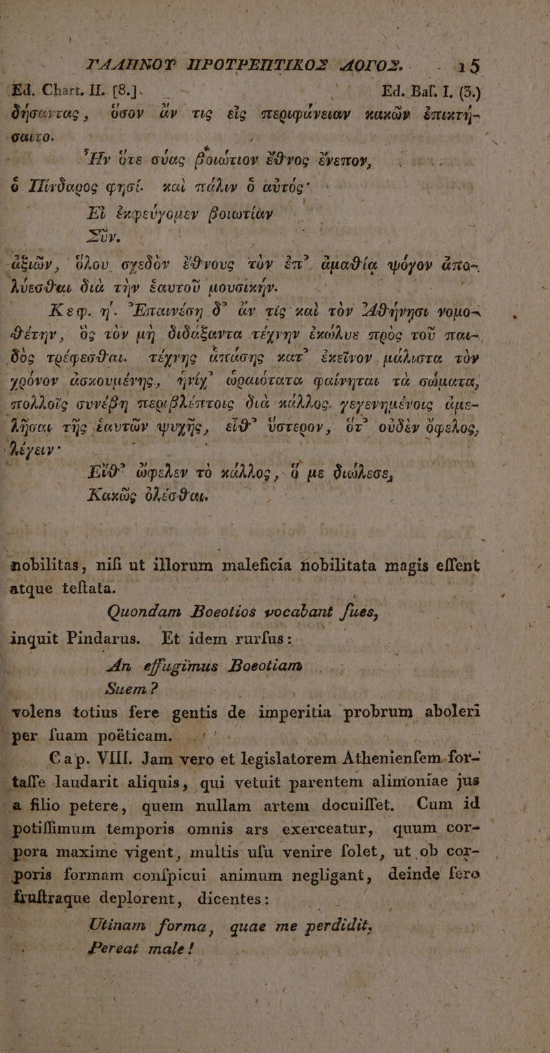 . ΤΑΑΉΝΟΥ ΠΡΟΤΡΕΈΠΤΙΚΟΣ AQrOX. . 35 qEd.Char.iL (8.]. | -— AL Bo Bal Lo δήσαντας, 0cov v τις εἷς περιφάνειων κακῶν ἐπικτή-. 'σαῦτο. ! ug 1 : Hv ὅτε σύας βοιώτιον ἔθνος ἔγεπο, .:. ó iso φησί. καὶ πόλιν ὃ αὐτύς Ej ἐκφεύγομεν βοιωτίὰν Σὺν. -ἀξιῶν, “ὅλου. σχεδὸν ἔϑνους τὸν ἐπ᾿ ἀμαϑίᾳ ψόγον ἄπα-. λύεσϑαι διὰ τὴν ἑαυτοῦ μουσικήν. i K eg. m. ᾿Επαινέσῃ δ᾽ àv τὶς καὶ τὸν bdo. γυμὸς i ϑέτην, ὃς τὸν μὴ διδάξαντα τέχνην ἐχώλυε πρὸς TOU παι-, δὸς τρέφεσϑαι. τέχνης ἁπάσης. κατ᾿ ἐκεῖνον μάλιστα τὸν χρόνον ἀσχουμέγης, ἡνίχ᾽ ὡραιότατα φαίνηται τὰ σώματα, πολλοῖς συνέβη περιβλέπτοις διὰ κάλλος, γεγενημένοις ἀμε- ᾿λῆσαι τῆς ξαντῶν ψυχῆς, , εἰϑ᾽ ὕστερον, ὅτ᾽ οὐδὲν ὄφελος, λέγειν ; Ev9^ ὥφελεν τὸ καλλ 0g, d pe διώλεσε, Κακῶς ὀλέσϑαι. Ses ^ nobilitas, nifi nt illorum maleficia nobilitata magis elTent atque teftata. | ἊΝ NU Ip Quondam .Boeotios vocabant fies, Anquit Pindarus. ἘΠ᾿ idem urban: n effugimus Boeotiam Suem? | | volens totius fere gentis de Deben probrum aboleri per fuam po&amp;ticam.. B ^u Cap. VIII Jam vero et legislatorem Athenienfem.for- .talfe laudarit aliquis, qui vetuit parentem alimoniae jus ἃ filio petere, quem nullam artem docuiffet. Cum id . potiffimum temporis omnis ars exerceatur, quum cor- pora maxime vigent, multis ufu venire folet, ut ob cor- poris formam conípicui animum negligant, deinde fero ultraque deplorent, dicentes: ' ime : Utinam forma, quae me perdidiby ἢ (» βεγθαΐ male!