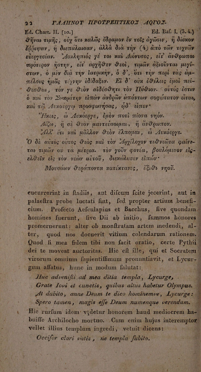 Ed. Chart. II. [10.] | Ed. Baf. I. (-&amp;.) τ ϑῆναι τιμῆς, οὖχ ὕτυ καλῶς ἔδραμον ὃν τοῖς ἀγῶσιν, ἢ δίσκον . ον ὄῤῥιψαν, ἢ διεπάλαισαν; ἀλλὰ διὰ τὴν (4) ἀπὸ τῶν τεχνῶν. εὐεργεσίαν. ᾿Ασχληπιός γέ vo» καὶ Διόνυσος, siv ἄνϑρωπον ἡ “πρότερον ἤστην, εἴτ ἀρχῆϑεν ϑεοὶ, τιμῶν. ἀξιοῦνταν μεγί- στων, ὃ μὲν διὰ τὴν ἰατρικὴν, ὃ δ᾽, ὅτι τὴν περὶ τὰς ὧμ- “πέλους ἡμᾶς τώγην ἐδίδαξεν. ἘΠ » ovx ἐϑέλεις ἐμοὶ πεί-- θεσϑοι, τὸν ys ϑεὸν αἰδέσϑητι τὸν IlvOuov.  ovróc ἐστιν — ὃ uui τὸν Σωκράτην simum ἀνδρῶν ὁ ἁπάντων σοφώτατον ciat, 1 au) τῷ 4vxovoy προσφωγήσας, ᾧδ᾽ εἶπεν Huyct , ὦ «Δυκόεργε, ἐμὸν ποτὶ πίονα vov. Δίζω, ἢ σὲ ϑεὸν μαντεύσουμαυ, ἢ ὥνϑρωπον. AM ἔτι καὶ μᾶλλον ϑεὸν ἔλπομαν, ὦ «“Τυκόεργε. Ὅ δὲ αὐτὸς οὗτος ΩΣ süg χαὶ τὸν Moyiloyov. τεϑγεῶτα φαῖνε- ὦ TOU τιμῶν οὐ τὰ μέτρια. τὸν γοῦν φονέα, βουλόμενον ded ελϑεῖν εἰς τὸν. νεὼν αὐτοῦ, διεκώλυσεν εἰπών “ ; Movouoy ϑεράποντα κατέκταγες, E γηοῦ. eucurrerint in fladiis, aut difcum [cite jecerint, aut in - palaeltra probe luctati fint, fed propter artium benefi- i cium. Profecto Aefculapius et Bacchus, five quondam. homines fuerunt, five Dii ab initio; fummos honores | | promernerunt: uiis ob monítratam artem medendi, 41- ᾿ ter, quod nos. docnerit vitium colendarum rationem. | - Quod . ἢ mea fidem tibi non facit oratio, certe Pythii. dei te moveat: auctoritas. Hic eff ille, qui et Socratem. X virorum ómnium fapientiffimum pronuntiavit , et Lycur- . gum. allatus, hunc in modum falutat :. ἢ Jue αὐροηὲὶ αὐ mea ditia templa, Pip. EMT d . Grate Jovi εἰ cunctis, quibus altus habetur Olympus. ὦ Jt dubito, anne Deum te dico hominemwe , Lycurge:.| Spero tamen, magis effe Deum numenque verendum. ὦ js Hie rurfum idem: videtur honotem haud mediocrem ha-. buiffe Archilocho mortuo. .Cum enim hujus interemptor ign iliius templum ingredi, vetuit dicens: | Occifor clari vatis , ne templa: fübito. : ! a