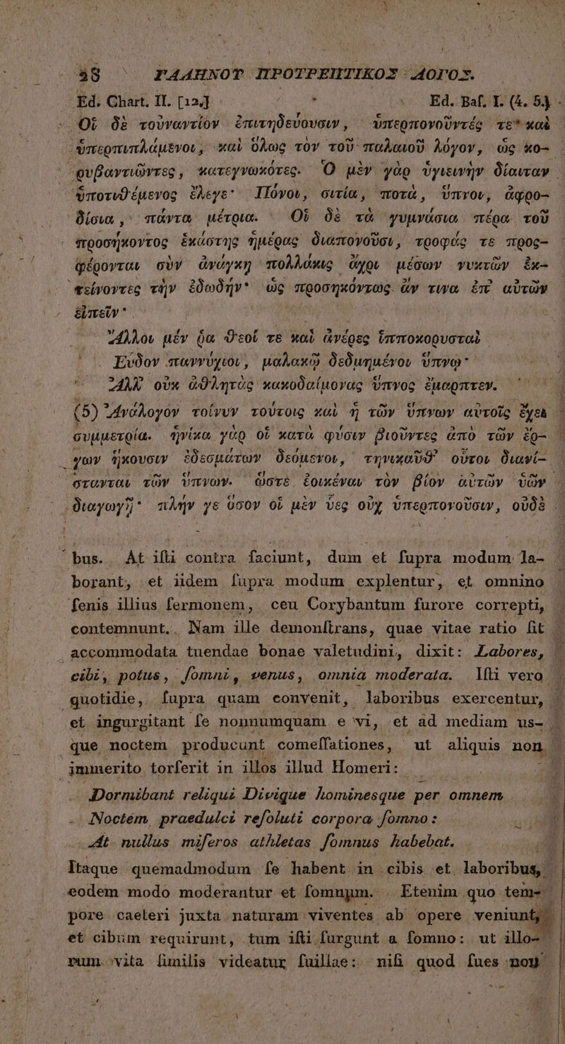 48 ' ΨΑΛΗΝΟΥ ΠΡΟΤΡΕΠΤΙΚΟΣ «ΔΟΙΌΣ. PT ? d i. E h LÁ A - M j - Of δὲ τοὐναντίον ἐπιτηδεύουσιν, ὑπερπονοῦντές τεῦ xoà δίοια ; πάντα Μέτρια. | Οὗ δὲ τὰ γυμνάσια, πέρα τοῦ προσήκοντος ἑκάστης ἡμέρας διαπογοῦσι, τροφάς τε προς- ψέρονταν σὺν ἀνάγκῃ πολλάκις ἄχρι μέσων γυχτῶν ἔἐκ- ᾿φείνοντες τὴν ἐδωδήν ὡς προσηκόντως. Gy τινα ἐπὶ αὐτῶν εἰπεῖν | E μέν ῥα O'soí τὸ καὶ «vios; ἱπποχορυσταὶ. | Evóov παννύχιοι, μαλακῷ δεδιιημένου ὕπνῳ 4λ} οὐκ ἀϑλητὸς κακοδαίμονας Vmvog ἔμαρπτεν. (8) ᾿Ανάλογον τοίνυν τούτοις καὶ ἣ τῶν ὕπνων αὐτοῖς au συμμετρία. ἡνίκα γὰρ οὗ κατὰ φύσιν βιοῦντες ἀπὸ τῶν ἔρ- . qom ἥκουσιν ἐδεσμάτων, δεόμενοι, vow OUTOL διανί--, στανται τῶν ὕπνων. ὥστε ἐοικέναν τὸν βίον ἀὐτῶν ὑῶν. bus. At ifti contra faciunt, dum et fupra modum: Ja- borant, et iidem fupra modum explentur, et omnino fenis illius fermonem, ceu Corybantum furore correpti, contemnunt., Nam ille demonltrans, quae vitae ratio fit. accommodata tuendae bonae valetudini, dixit: Labores, quotidie, fupra quam convenit, laboribus exercentur, que noctem producunt comeífationes, αἱ aliquis non ' immerito torferit in illos illud Homeri: |. JDormibant reliqui Divique hominesque per. omnem, . -. ANoctém, praedulci refoluti corpora fomno : ὃ t. nullus. miferos αὐἰδθέας ψόνιπμς habebat. Itaque quemadmodum fe habent in cibis et. laboribus, | eodem modo moderantur et fomnym. . Etenim. quo teme | pore caeleri juxta naturam viventes ab opere veniunt, tr]