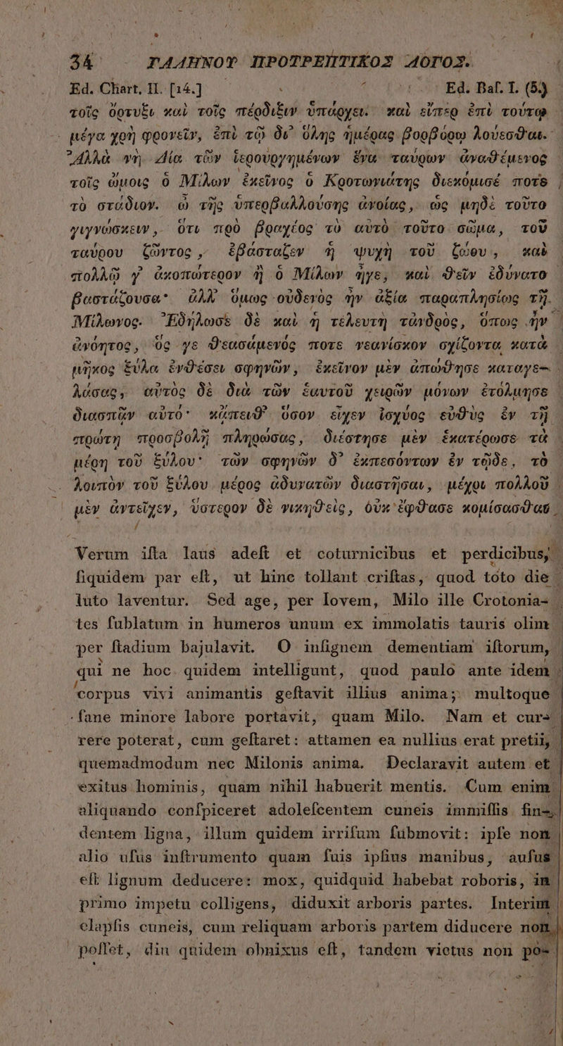 24. TAANNOY IPOTPENTIKOZ 40T03. ἢ Ed. Chart, 1I. ros : ΐ 150 Edi Bar. L (δ). τοῖς OpruEs καὶ τοῖς πέρδιξιν ὑπάρχει: καὶ εἴπερ imb τούτῳ - μέγα χρὴ φρονεῖν, eni τῷ Ow ὕλης ἡμέρας βορβόρῳ Aovsod'ut. ᾿Αλλὰ νὴ Δία τῶν ἱερούυργημένων ἕνα ταύρων ἀναϑέμενος τοῖς eiue ὃ Μίλων ἐκεῖνος ὃ Κροτωνιάτης διεκόμισέ mOTS | τὸ στάδιον. ὦ τὴς ὑπερβαλλούσης ἀγνοίας, ὡς μηδὲ τοῦτο γιγνώσκειν, ὅτι πρὸ βραχέος τὸ αὐτὸ τοῦτο σῶμα, τοῦ ταύρου ζῶντος, ἐβαάσταζεν ἦ ψυχὴ τοῦ ζώου, καὶ σπολλῷ γ᾽ ἀκοιτώτερον ἢ ὃ Μίλων ἦγε, καὶ ϑεῖῦν ἐδύνατο, : βαστάζουσα ἄλλ᾽ ὕμως. οὐδενὸς ἣν ἀξία παραπλησίως τῇ. MüiÀewoc. Eos δὲ καὶ ἡ τελευτὴ τἀνδρὸς, ὕπως o 1 ἀνόητος, ὃς ys ϑεασάμενός ποτε γεαγίσκον σχίζοντα κατὰ εἶκος ξύλα ἐνθέσει σφηνῶν, ἐκεῖνον μὲν ἀπώϑησε xarays- λάσας, αὐτὸς δὲ διὰ τῶν ἑαυτοῦ χειρὼν μόνων ἐτόλμησε, διασπὰν αὐτό κἄπειϑ᾽ ὕσον εἶχεν ἰσχύος εὐθὺς ἐν τῇ πρώτη προσβολὴ πληρώσας, διέστησε μὲν ἑκατέρωσε τὰ μέρη τοῦ ξύλου: τῶν σφηνῶν δ᾽ ἐχπεσόντων ἐν τῷδε, τὸ λοιπὸν τοῦ ξύλου μέρος ἀδυνατῶν διαστῆσαν, μέχρι πολλοῦ μὲν ἀντεῖχεν, ὕστερον δὲ νικηθεὶς, óUx ἔρϑασε κομίσασϑαῦ, ᾿ / | | | Verum ifta laus adeft et coturnicibus et perdicibus, | fiquidem par eft, ut hinc tollant criftas, quod toto die luto laventur. Sed age, per lovem, Milo ille Crotonia- j les fublatum in humeros unum ex immolatis tauris olim | per ftadium bajulavit. O infignem dementiam iftorum, | qui ne hoc. quidem intelligunt, quod paulo ante idem ; corpus vivi animantis geftavit illius anima; multoque | fane minore labore portavit, quam Milo. Nam et curs rere poterat, cum geftaret: attamen ea nullius erat pretii, | | quemadmodum nec Milonis anima. Declaravit autem et . exitus hominis, quam nihil habuerit mentis. Cum enim | aliquando confpiceret adolefcentem cuneis immiffis fin, | dentem ligna, illum quidem irrifum fübmovit: ipfe nom. alio ufüs infirumento quam fuis iplius manibus; aufus | elt lignum deducere: mox, quidquid habebat roboris, dn primo impetu colligens, diduxit arboris partes. Interim | elapfis cuneis, cum reliquam arboris partem diducere nom, polfet, din quidem obnixus eft, tandem vietus non po- |
