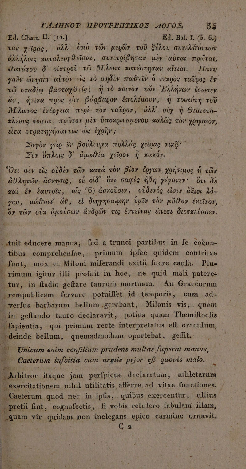 ΓΑΖΗΝΟΎ IIPOTPEIITIKOZ AOT O3. δῷ LOREM αὐ. C |o Ed. Bal. 1 (5. 6). πὰς χῖρας, αλλ ὑπὸ τῶν μερῶν τοῦ ξύλου συγελϑόντων ἄλληλοις καταλειῳφϑεῖσαιν, συνε τρίβησαν μὲν ᾿αὗταν πρῶταν, dererov δ᾽ οἰχτροῦ τῷ M.Àome κατέστησαν αἴτιαι. Πάνυ “γοῦν ὥνησεν αὐτὸν εἰς τὸ μηδὲν παϑεῖν ὃ γεχρὸς ταῦρος àv τῷ σταδίῳ βασταχϑείς; ἢ) τὸ κοινὸν τῶν Ἑλλήνων ἔσωσεν - ἄν, ἡνίχα πρὸς τὸν βόρβαβον ἐπολέμουν, ἢ τοιαύτη τοῦ Μίλωνος ἐνέργεια mg: τὸν ταῦρον, ἀλλ᾽ οὐχ ἡ Θεμιστο- πλέους σοφία, ποῦτον μὲν ὑποχριναμένου καλῶς τὸν χρησμὸν, ξ ; Meier εἴτα στρατηγήσαντος ὡς ἐχρὴν; Σοφὸν γὰρ ὃν βούλευμα πολλὰς χεῖρας γικᾷ Σὺν ὕπλοις δ᾽ ἀμαϑία χεῖρον ἢ xcxóv. Ὅτι μὲν εἰς οὐδὲν τῶν κατὰ τὸν βίον ἔργων χρήσιμος ἢ τῶν | ἀϑλητῶν ἄσκησις, εὖ οἶδ᾽ ὅτι σαφὲς ἡδὴ γέγονεν ὅτι ES 46. ἐν ἑαυτοῖς, οἷς ( 6) ἀσχοῦσιν, οὐδενός εἰσιν ἄξιοι λό- γον, μαϑοιτ' ἀν, εἶ διηγησαίμην ὑμῖν τὸν μῦϑον ἐκεῖνον, ὃν τῶν οὐκ ἀμούσων ἀγδρὼν τις ἐντείγνας ἔπεσν διεσκεύασεν. -.tuit educere manus, fed a trunci partibus in fe coéun- tibus comprehenfae, primum ipfae quidem contritae funt, mox et Miloni miferandi exitii fuere caufa. Piu. t rimum igitur illi profuit in hoc, ne quid mali patere- ἔων, in fladio geftare taurum mortuum. n Graecorum ; rempublicam fervare potuilfTet id temporis, cum ad- -vwerfus barbarum bellum gerebant, Milonis vis,. quam / in geftando tauro declaravit, potius quam Themiftoclis Bonos. qui primüm recte interpretatus eft oraculum, || deinde petis quemadmodum oportebat, gellit. - y» Unicum enim confilium prudens muitas füperat manus, | Caeterum infeitia cuum aranis pejor eff quovis malo. Ee des p ἃ Arbitror itaque jam perfpicue declaratum, athletarum Lexercitationem nihil utilitatis afferre ad vitae functiones. . DCaeterum. quod nec in ipfis, quibus exercentur, ullius (pretii fint, cognofcetis, ἢ vobis retulero fabulani illam, pguam vir quidam non inelegans epico carmine ornavit. C 2