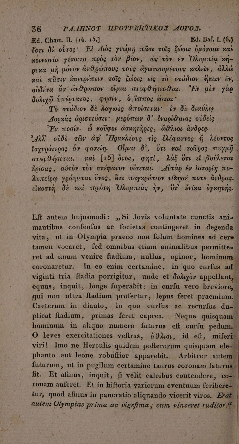 ki han ἀν μὰ ἰδ. 200 oo, ERBICL (S) ἔστι δὲ οὗτος. Εἰ 4c γνώμῃ πᾶσυ τοῖς ζώοις ὁμόνοια xai ᾿ χριγωνία γένοιτο πρὸς τὸν βίον, ὡς τὸν ἐν Ὀλυμπίᾳ κή- - ουκα μὴ μύνον ἀνϑροώπους τοὺς ἀγωνιουμένους καλεῖν, ἀλλὰ «al πᾶσιν ἐπιτρέπειν τοῖς ζώοις εἷς τὸ στάδιον. ἥκειν ἕν, οὐδένα ἂν ἄνϑρωπον οἶμαν στεφϑήσεσϑαι. Ἔν. μὲν γὰρ δολιχῷ ὑπέρφτατος, φησὶν, ὃ ἵππος ἔσται ᾿ Πρ στάδιον δὲ λαγωὺς ἀποίσεται ἐν δὲ διαύλῳ “ορκὰς ἀριστεύσεν᾽ μερόπων δ᾽ ἐγαρίϑμιος οὐδεὶς Ἔν ποσίν. ὦ κοῦφοι ἀσκητῆρες, ἄϑλιοι ἄνδρες. —— ^41À οὐδὲ τῶν ἀφ᾽ Ἡρανλέους τὶς ἐλέφαντος ἢ λέοντος | ἰσχυρότερος ἂν φανείη. Οἶμαν δ᾽, ὃτι xoi ταῦρος πυγμὴ, στεφϑήσεται,, καὶ [15] ῦνος;, φησὶ, λὰξ ὅτι εἶ '᾿βούλεταυ : ἐρίσας, αὐτὸν τὸν crípuvov οἴσεται. Αὐτὰρ ἐν ἱστορίη πο- λυπείρῳ γράιμεταν ὄνος, Ort παγκράτιον ψίλησέ ποτε ἀνδραρ., εἰχοστὴ δὲ καὶ πρώτη Ὀλυμπιὰς ἦν, 0T ἐνίκα ὀγκητής.. Eft autem hujusmodi: ,,51 Jovis voluntate cunctis ani- mantibus confenfus ac focietas contingeret in degenda | vita, ut in Olympia praeco non folum homines ad cere | tamen vocaret, fed omnibus etiam animalibus permitte- | ret ad unum venire fiadium, nullus, opinor, hominum | coronaretur. In eo enim certamine, in quo curfus δα . viginti tria ftadia porrigitur, unde et δολιχὸν appellant, i equus, inquit, longe fuperabit: in curfu vero breviore, . i qui non ultra fiadium profertur, lepus feret praemium. À Caeterum in diaulo, in quo curfus ae recurfus du- | plicat fladium, primas feret caprea. | Neque quisquam | hominum in aliquo numero futurus eft curfu pedum. | O leves exercitationes veflrras, ἀἄϑλιοι, id eft, miferi. viri! Imo ne Herculis quidem pofterorum quisquam died phanto aut leone robuflior apparebit. Arbitror autem. futurum, ut in pugilum certamine taurus coronam É ht. Et An inquit, fi velit calcibus contendere, co-. ronam auferet. Et in hiftoria variorum eventuum fcribere-: ἡ tur, quod afinus in pancratio aliquando vicerit viros. Zra£ | autem Olympias prima ac vigefimay cum, vinceret ruditor.* . f i