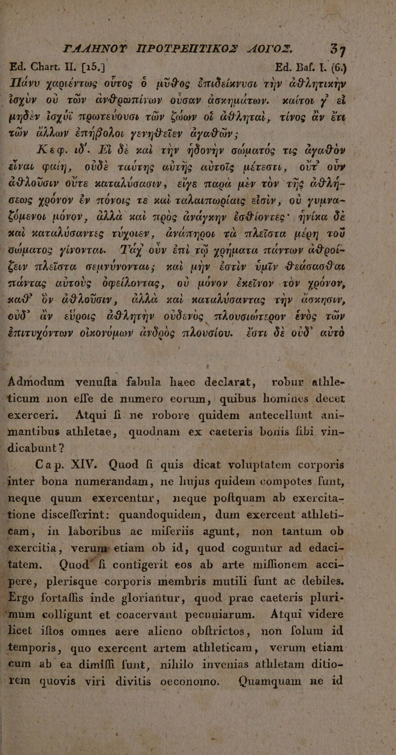 Ed. Chart, Π. [15.] Ed. Baf. I. (6) Πάνυ χαριέντως ovrog ὃ μῦϑος ἐπιδείκνυσι τὴν ἀϑλητικὴν ἰσχὺν οὐ τῶν ἀνϑρωπίνων οὖσαν ἀσκημάτων. καίτοι y εἰ μηδὲν ἰσχύϊ πρωτεύουσι τῶν ζώων oí ἀϑληταὶ, τίνος ἂν Ert τῶν ἄλλων ἐπήβολοι γενηϑεῖεν ἀγαθῶν; Κεφ. ιδ΄. Εἰ δὲ καὶ τὴν ἡδονὴν σώματός τις ἀγαϑὸν εἴναυ φαίη, οὐδὲ ταύτης αὐτῆς αὐτοῖς μέτεστι, OUT οὖν ἀϑλοῦσιν οὔτε καταλύσασιν, εἰγε παρὰ μὲν τὸν τὴς ἀϑλή- σεως χρόνον ἐν πόνοις T6 καὶ ταλαιπωρίαις, εἰσὶν, οὐ γυμγα- ζόμενον μόνον, ἀλλὰ καὶ πρὸς ἀνάγκην ἐσθίοντες. ἡνίκα δὲ «Gi καταλύσαντες τύχοιεν, ἀνάπηροι τὰ πλεῖστα μέρη τοῦ σώματος γίνονται. Tuy οὖν ἐπὶ τῷ χρήματα zr ἀϑροί-. (ew πλεῖστα σεμγνύνονταν; καὶ μὴν ἐστὶν ὑμῖν ϑεάσασϑαι πάντας αὐτοὺς ὀφείλοντας, οὐ μόνον ἐκεῖνον τὸν χρόγον, soU ὃν ἀϑλοῦσιν, ἀλλὰ καὶ καταλύσαντας τὴν ἄσκησιν, οὐδ᾽ üv εὕροις. ἀϑλητὴν οὐδενὸς πλουσιώτερον ἑνὸς τῶν ἐπιτυχόντων οἰκογύμων ἀνδρὸς πλουσίου. ἔστι δὲ οὐδ᾽ αὐτὸ , L 1 ᾿ Ádmodum venufta fabula haec declarat, robur athle- ticum non elfe de numero eorum, quibus homines decet exerceri. Atqui fi. ne robore quidem antecellunt ani- mantibus athletae, quodnam ex caeteris bonis fibi vin- . dicabunt? | BELT, (Cap. XIV. Quod fi quis dicat voliptatem corporis nter bona numerandam, ne hujus quidem compotes funt, neque quum exercentur, neque poliquam ab exercita- tione discefferint: quandoquidem, dum exercent athleti- .eam, in laboribus ac miferiis agunt, non tantum ob. exercitia, verume etiam ob id, quod coguntur ad edaci- -tàtem. Quod fi contigerit eos ab arte millionem acci- - 54] pere, plerisque corporis membris mutili funt ac debiles. d fortaffis inde gloriaütur, quod prae caeteris pluri- jum colligunt et coacervant pecuniarum. Átqui videre Mirei iflos omnes aere alieno obítrictos, noh folum 14. temporis, quo exercent artem athleticam, verum etiam: cum ab ea dimiffi funt, nihilo invenias athletam ditio- Xem quovis viri divitis oeconomo. | Quamquam me id