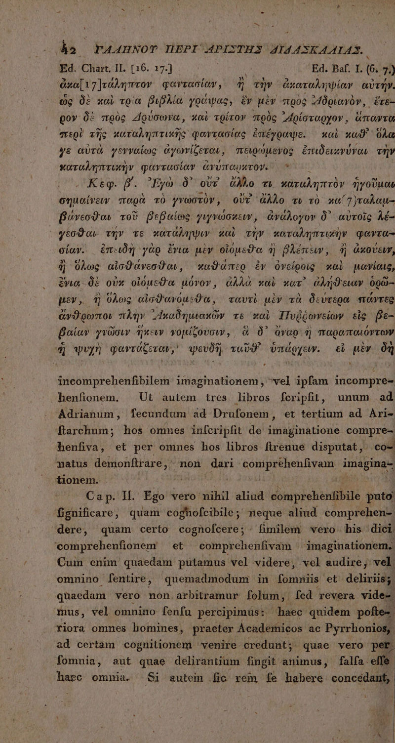 ὧδ ΤΑΜΗΝΟΥ͂ ΠΕΡῚ APIXTHS dl4Á45 SKAAIAS.. Ed. Chart. II. [16. 17.} Ed. Baf. I. (. 7) dao γ]τάληπτον φαντασίαν, ἢ τὴν ἀκαταληψίαν αὐτήν. ὡς δὲ καὶ τρία βιβλία γράψας, ἕν μὲν “πρὸς “«ἀδριανὸν,. ἕτε-- ῦον δὲ πρὸς Ζρύσωνα, καὶ τρίτον πρὸς ᾿Αρίσταργον, ἅπαντα περὶ τὴς καταληπτικῆς φαντασίας ὁπέγραψε. καὶ xod ὅλα γε αὐτὰ γενναίως ἀγωνίζεται, πειρώμενος ἐπιδεικνύναι τὴν καταληπτυκὴν φαντασίαν ἂνγύυπαρατον. ^ Κεφ. β΄. ᾿Εγὼ δ᾽ oUv ἄλλο τι καταληπτὸν ἡγοῦμαι σημαίνειν παρὰ τὸ γνωστὸν, οὔτ ἄλλο τι τὸ καί γ)ταλαμ- βύνεσϑαν τοῦ βεβαίως γιγνώσκειν, ἄνάλογον δ᾽ αὐτοῖς λέ- γέσϑαν τὴν τὸ κατάψηψιν καὶ τὴν καταληπτικὴν φαντα- σίαν. ἐπιιδὴ γὰρ ἔγια μὲν οἴόμεϑα ἢ βλέπειν, ἢ ἀκούευν, ὅλως αἰσϑάνεσϑαν, καϑάπερ ἐν ὀγείροις καὶ μανίαις, ἔνια δὲ οὐκ οἰόμεϑα μόνον, ἀλλὰ καὶ κατ᾽ ἄλήϑειωαν ὁρῶ- μὲν, ἢ ὕλως αἰσϑανόμεϑω, ταυτὶ μὲν τὰ δεύτερα πάντερ ἄνθρωπον πλὴν Solini τὸ καὶ Πυῤῥωνείων εἰς βε- βαίαν γγῶσιν ἥκευν νομίζουσιν, ἃ δ᾽ ὄναρ ἢ παραπαιόντων d ψυχὴ φαντάζεταν, ψευδῇ, ταῦϑ' ὑπάρχειν. εἰ μὲν δὴ incomprehenfibilem imaginationem , Ὑ61 ipfam incompre- henfionem. | Ut autem tres libros fcripfit, unum δᾶ Adrianum, fecundum ad Drufonem, et tertium ad Ari- ftarchum; hos omnes infcripfit de iéfayinhtiona. compre- henfiva, et per omnes hos libros ftrenueé disputat, co- matus jr rino non ario Lair ΜΗΒΥΕῚ παν, tionem. ; Cap. Il. Égo vero nihil aliud comprehenfibile pata fignificare, quam coghofcibile; neque aliud comprehen-: dere, quam certo cognofcere; funilem vero his dici comprehenfionem et comprehenfivam imaginationem. Cum enim quaedam putamus vel videre, vel audire, vel. omnino fentire, quemadmodum in fomniis et deliriis;. quaedam vero non arbitramur folum, fed revera vide-. mus, vel omnino fenfu percipimus: haec quidem pofte-. fiora ommes homines, praeter Academicos ac Pyrrhonios, ad certàm cognitionem - venire credunt; quae vero per. fomnia, aut quae delirantium fingit animus, falfa. effe. haec omnia. Si autem ic rem [fe habere condi
