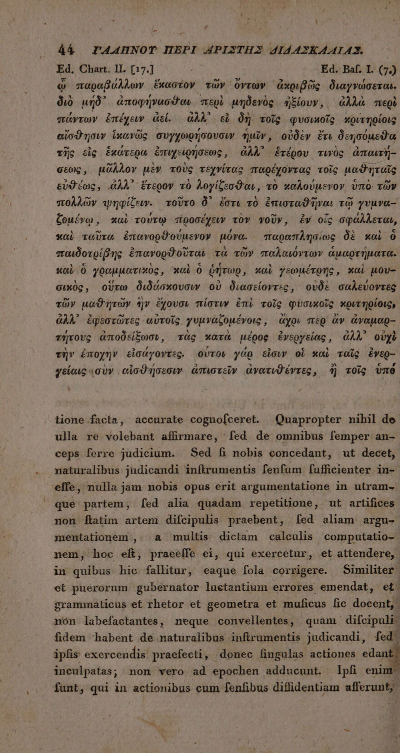 [- h 4&amp;4 PAAHNOT ΠΕΡῚ APIZTHZ 4I4ASKAAIA3. ἘΔ Chart. 11. [17.] irr. Ed. Baf. I. (2 ᾧ παραβάλλων ἕκαστον τῶν ὄντων ἀκριβῶς διαγψώσεξαι; διὸ μήδ᾽ ἀποφήνασϑαν περὶ μηδενὸς ἠξίουν, ἀλλὰ περὶ “τάντων ἐπέχειν ἀεί. ἀλλ᾽ εἰ δὴ τοῖς φυσικοῖς κριτηρίοις αἴσϑησιν ἱκανῶς συγχωρήσουσιν ἡμῖν, οὐδὲν ἔτι δεησόμεϑια τῆς εἰς ἑκάτερω ἐπιχειρήσεως, ἀλλ᾽ ἑτέρου τινὸς ἀπαιτή-- σεως, μᾶλλον μὲν τοὺς τεχνίτας παρέχοντας τοῖς μαϑηταῖς εὐϑέως, «ἀλλ᾽ ἕτερον τὸ λογίζεσθαι, τὸ καλούμενον ὑπὸ τῶν πολλῶν ᾿ψηφίξοιν. τοῦτο δ᾽ ἔστι τὸ ἐπισταϑῆναι τῷ yvura- ζομένῳ, καὶ τούτῳ προσέχειν τὸν γοῦν, ἐν οἷς σφάλλεται, καὶ ταῦτα ἐπανορϑούμενον μόνα. παραπλησίως δὲ καὶ ὃ “ταὐδοτρίβης ἐπανορϑοῦταν τὰ τῶν παλαιόντων ἁμαρτήματα. καὶ ὃ γραμματικὸς, xoi ὃ ῥήτωρ, καὶ γεωμέτρης, καὶ μου- Gix0c, οὕτω διδάσκουσυν οὐ διασείοντες, οὐδὲ σαλεύοντες τῶν μωϑητῶν ἣν ἔχουσι πίστιν ἐπὶ τοῖς φυσικοῖς κρυτηρίοις, ἀλλ᾽ ἐφεστῶτες αὐτοῖς γυμνάζομένοις, you περ ἂν ἄναμαρ-- τήτους ἀποδείξωσι, τὰς κατὰ μέρος ἐνεργείας, ἀλλ᾽ οὐχὺ τὴν ἐποχὴν εἰσάγοντες. οὗτον γάρ slow οἱ καὶ ταῖς ἔνερ-- γείαις «σὺν αἰσϑήσεσιν ἀπιστεῖν ἀνατυϑέντες, ἢ τοῖς ὑπό * 3 iione facta, accurate cogno[ceret. Quapropter nihil de ulla re volebant affirmare, fed de omnibus femper an- ceps ferre judicium. Sed li nobis concedant, ut decet, naturalibus judicandi infirumentis fenfum [ufficienter in- effe, nulla jam nobis opus erit argumentatione in utram que partem, [fed alia quadam repetitione, ut artifices non ftatim arteni difcipulis praebent, [ed aliam argu- mentationem ,. a multis dictam calculis computatio- nem, hoc eft, praeeffe ei, qui exercetur, et attendere, | in quibus hic fallitur, eaque fola corrigere. Similiter et puerorum gubernator luetantium errores emendat, et. grammaticus et rhetor et geometra et muficus fic docent, nón labefactantes, neque convellentes, quam difcipuli. fidem habent de naturalibus infirumentis judicandi, fed. ipfis exercendis praefecti, donec fingulas actiones edant inculpatas; non vero ad epochen adducunt. Ipfi enim funt, qui in actionibus cum fenlibus diffidentiam afferunt,