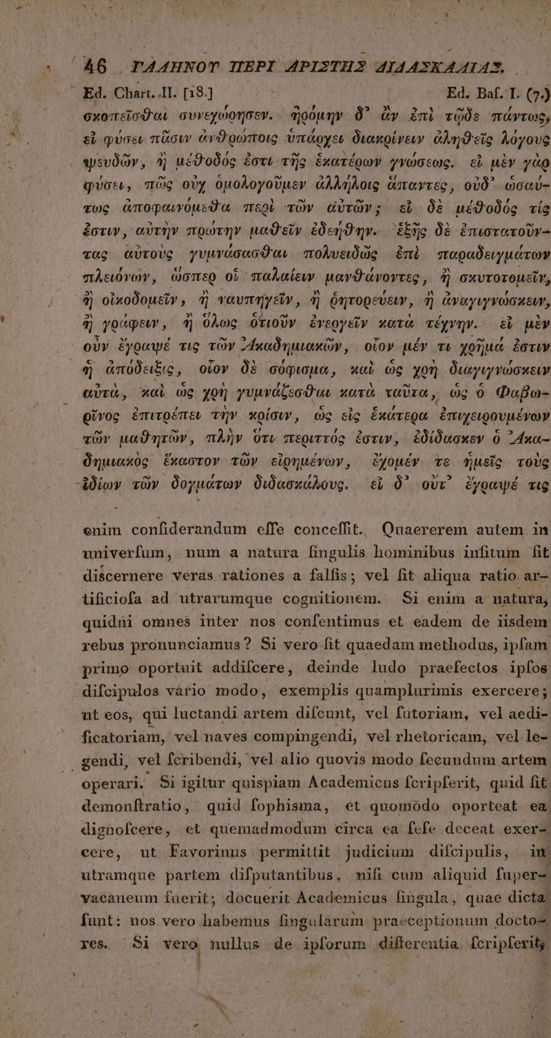 ^46 ΤΑΖΗΝΟΥ͂ IIEPI APISTHS ΖΔΙΔΑΣΚΑΖΤΑΣ, ' Ed. Chan. 11. [18.] x Ed. Baf. I. (7.) σκοπεῖσθαι συνεχώρησεν. ἢορόμην δ᾽ ἂν ἐπὶ τῷδε πάντως; εἶ φύσεν πᾶσυν ἀνϑρώποις ὑπάρχεν διακρίνειν ἀληϑεῖς λόγους ψευδῶν, ἢ μέϑοδός ἐστι τῆς ἑκατέρων γγώσεως. εἰ, μὲν γὰρ φύσει, πῶς οὐχ ὁμολογοῦμεν ἀλλήλοις ἅπαντες, οὐδ᾽ ὡσαύ- τως ἀποφαινόμεϑα περὶ τῶν αὐτῶν; εἶ δὲ μέϑοδός τίς ἔστιν, αὐτὴν πρώτην μαϑεῖν ἐδεήϑην. ἑξῆς δὲ ἐπιστατοῦν-- τας αὐτοὺς γυμνάσασϑαι πολυειδὼς ἐπὶ παραδειγμάτων πλειόνων, ὥσπερ οἱ παλαίειν μανϑάνοντες,, , ἢ axvrore pidan ἢ οἰκοδομεῖν, ἢ ταυπηγεῖν, ἢ ῥητορεύειν, ἢ ἀναγιγνώσκειν, ἢ γρύφειν, ἢ ὅλως ὁτιοῦν ἐνεργεῖν κατὰ τέχνην. εὖ μὲν οὖν ἔγραψέ τις τῶν ᾿“καδημιακῶν, οἷον μέν τι χρῆμά ἔστιν ἢ ἀπόδειξις, οἷον δὲ σόφισμα, καὶ ὡς χρὴ διαγιγνώσκειν αὐτὰ, καὶ ὡς χρὴ γυμνάζεσθαι κατὰ ταῦτα, ὡς ὁ Φαβω- οὖνος ἐπιτρέπεν τὴν χρίσυν, ὡς εἰς ἑκάτερα ἐπιχειρουμέγων τῶν μαϑητῶν, πλὴν ὅτι περιττός ἐστιν, ἐδίδασκεν ὃ ᾽4κα- δημιαχὸς ἕκαστον τῶν εἰρημένων, ἔχομέν ὃς ἡμεῖς τοὺς ἀδίων τῶν δογμάτων διδασκάλους. εἰ δ᾽ οὔτ᾽ ἔγραψέ τις enim confiderandum effe conceffit Quaererem autem in univerfum, num a natura fingulis hominibus infitum fit discernere veras rátiones a falis; vel fit aliqua ratio ar- lificiofa ad utrarumque cognitionem. Si enim a natura, quidni omnes inter nos confentimus et eadem de iisdem rebus pronunciamus? Si vero fit quaedam methodus, ipfam primo oportuit addifcere, deinde ludo praefectos ipfos difcipulos vàrio modo, exemplis quamplurimis exercere; nt eos, qui luctandi artem difcunt, vel füutoriam, vel aedi- ficatoriam, vel naves compingendi, vel rhetoricam, vel le- gendi, vel fcribendi, vel alio quovis modo fecundum artem operari. Si igitur quispiam Academicus fcripferit, quid fit. demonfiratio, quid fophisma, ét. quomodo oporteat ea dignofeere, et quemadmodum circa ea fefe deceat exer-. cere, ut Favorinus permittit judicium difcipulis, iw utramque partem difputantibus, mifi cum aliquid fuper- yvacaneum fuerit; docuerit Àcademicus fingula, quae dicta. fünt: nos vero habemus fingularum praeceptionum doctos res. δὲ vero nullus de ipforum diflerentia fcripferity