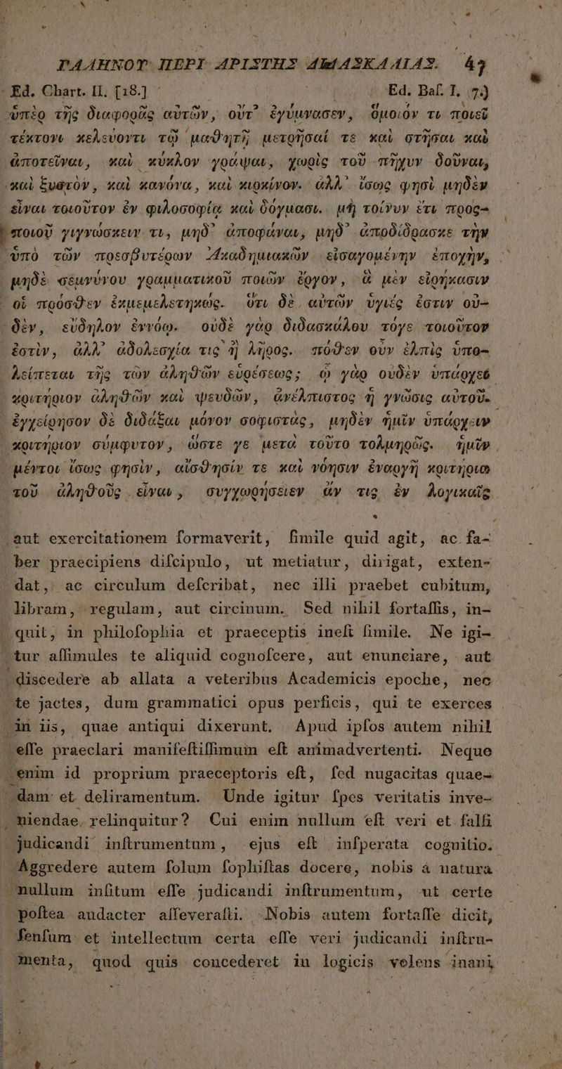 ᾿ ' PAAHNOT. ΠΕΡῚ ΑΡΙΣΤῊΣ 4hi43KA4)IA4Y. 47 - Ed. Chart. II. (18.]. - HIM ; Ed. Bal. 1, 7) ὑπὲρ τῆς διαφορᾶς αὐτῶν, οὔτ᾽ ἐγύμνασεν, ὅμοιόν τι ποιεῦ τέχτονυ κελβύοντι τῷ μαϑωητὴ μετρῆσαί τὲ καὶ στῆσαι «Gb ἀποτεῖναι, καὶ κύκλον γράψαι, χωρὶς τοῦ πῆχυν δοῦναι, 'χαὶ ξυστὸν, καὶ κανόνα, καὶ κιρκίνον. ἀλλ᾽ ἴσως φησὶ μηδὲν εἶναι τοιοῦτον ἐν φιλοσοφίᾳ καὶ δόγμασι. μὴ τοίνυν irt προς- | ποιοῦ γιγνώσκειν. τυ, μηδ᾽ ἀποφάναν, μηδ᾽ ἀποδίδρασκε τὴν ὑπὸ τῶν πϑεσβυτέροων ᾿ἀκαδημιακῶν αὐσηγομένην ἐποχὴν, μηδὲ σέμνύγου γραμιιατικοῦ ποιῶν ἔργον, &amp; μὲν εἰρήκασιν οὗ πρόσϑεν ἐχμεμελετηκώς. 0r, δὲ, αὐτῶν ὑγιές ἔστιν οὐ- “δὲν, εὔδηλον ἐννόῳ. οὐδὲ γὰρ διδασκάλου cOys τοιοῦτον ἐστὶν, ἄλλ᾽ ἀδολεσχία τις ἢ λῆρος. πόϑεν οὖν ἐλπὶς ὑπο- λείπεται τῆς τῶν ἀληϑῶν εὑρέσεως; ᾧ γὰρ οὐδὲν ὑπάρχεο, “οιτήριον ἀληϑῶν καὶ ψευδῶν, ἀνέλπιστος ἡ γνῶσις αὐτοῦ. | ἐγχείφησον δὲ διδάξαι μόνον σοφιστάς, μηδὲν ἡμῖν ὑπάρχειν. χριτήριον σύμφυτον, ὥστε γ8ὲ μετὼ τοῦτο τολμηρῶς. ἡμῖν. μέντοι ἴσως φησὶν, αἴσϑησίν re καὶ νόησιν ἐναργῆ κριτήριο τοῦ ἀληϑοὺς sva», συγχωρήσειεν ἄν τις ἐν λογικαῖς .&amp;ut exercitationem formaverit, [fimile quid agit, ac fa- »ber praecipiens difeipulo, wt metiatur, dirigat, exten- .dat, ac circulum deícribat, nec illi praebet cubitum, libram, regulam, aut circinum. Sed nihil fortaffis, in-  quit, in philofophia et praeceptis ineft fimile. Ne igi- ἔπι affimules te aliquid cognofcere, aut enunciare, aut | discedere ab allata a veteribus Academicis epoche, mec Jte jactes, dum grammatici opus perficis, qui te exerces ΟῚ iis, quae antiqui dixerunt. Apud ipfos autem nihil effe praeclari manifeftiffimum eft amimadvertenti. Neque ,enim id proprium praeceptoris eft, fed nugacitas quae- dam: et deliramentum. Unde igitur [pes veritatis inve- . niendae. relinquitur? Cui enim nullum eft veri et falfi judicandi infirumentum , ejus eft infperata coguitio. Ággredere autem folum foplüftas docere, nobis à natura mullum inlitum elfe judicandi inftrumentum, ut certe poftea audacter alfeverafii. «Nobis autem fortaffe dicit, fenfum. et intellectum certa elfe veri judicandi inítru- menta, quod quis concederet inu logicis vweleus inani : ΄ Y / ^