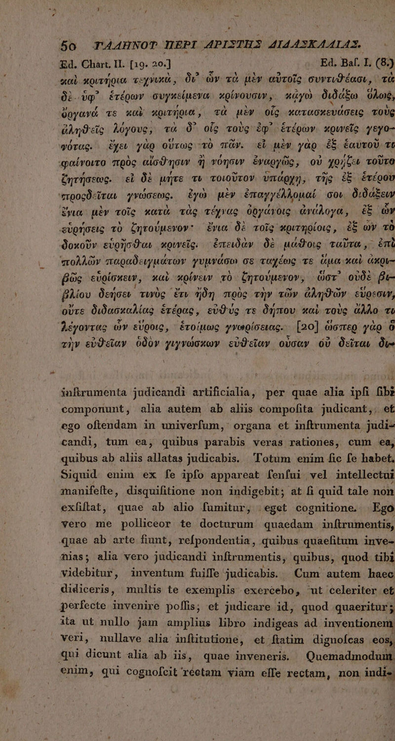 Ed. Chart. II. [19. 264] ! Ed. Baf. L (8.) qo κριτήρια τεχγυκὰ, δι ὧν τὰ μὲν αὐτοῖς συντιϑέασι, τὰ Ói- ae ἑτέρων συγκείμενα κρίνουσιν ὰ ἀγὼ διδάξω ὅλο, ὀργανά vs καὶ κριτήρια, τὰ uir οἷς κοατασκευάσεις τοὺς dA cis λύγους, τὰ δ᾽ οἷς τοὺς ἐφ᾽ ἑτέρων xQureic yeyo- «órog. ἔχει γὰρ οὕτως τὸ πᾶν. εἰ μὲν γὰρ ἐξ. ἑαυτοῦ tt φαίνοιτο πρὸς αἴσϑησιν ἢ νόησιν ἐναργῶς, οὐ χροήξου τοῦτο ζητήσεως. εἰ δὲ μήτε τὺ τοιοῦτον ὑπάρχῃ, vig ἐξ ἑτέρου erpocó: ται γνώσεως. ἐγὼ μὲν ἐπαγγέλλομαί σου διδάξειν ἔνια. μὲν τοῖς κατὰ τὰς Apre ὀργάν οἰς ἀνάλογα, &amp; ὧν εὑρήσεις τὸ ζητούμενον ὄνια δὲ τοῖς κχριτηρίοις, ἐξ ὧν τὸ δοκοῦν εὑρῆσϑαν κρινεῖς: ἐπειδὰν δὲ. μάϑοις ταῦτα, ἐπὶ Ἱτολλῶν παραδειγμάτων γυμνάσω σε ταχέως τε ἅμα καὶ ἀπρυ- poc εὑρίσκειν, καὶ πκρίνευν τὸ ζητούμενον, ὥστ᾽ οὐδὲ βε- βλίου δεήσεν τυνὺς ἔτν ἤδη πρὸς τὴν τῶν ἀληϑῶν εὕρεσιν, οὔτε διδασκαλίας ἑτέρας, εὐϑυς τε δήπου καὶ τοὺς ἀλλο. τὰ λέγοντας ὧν εὕροις, ἑτοίμως γγωρίσειας. [20] ὥσπερ γὰρ ὃ τὴν εὐθεῖαν ὁδὸν γιγνώσχων εὐθεῖαν, οὖσαν οὐ δεῖτου δι» Y infirumenta judicandi artificialia, per quae alia ipfi fibz componunt, alia autem ab alus compofita judicant, et ego oftendam in univerfum, organa et inftrumenta judi- candi, tum ea, quibus parabis veras rationes, cum ea, quibus ab aliis allatas judicabis. Totum enim fic fe habet. Siquid enim ex fe ipfo appareat fenfui vel intellectui manifefte, disquifitione non indigebit; at fi quid tale non exliflat, quae ab alio fumitur, . eget cognitione, Ego vero me polliceor te ipe ead quaedam inftrumentis, quae ab arte fiunt, refpondentia, quibus quaelitum inve- *üas; alia vero judicandi inftrumentis, quibus, quod tibi videbitur, inventum fuilfe judicabis. Cum autem haec didiceris, multis te exemplis exercebo, πὶ celeriter et perfecte invenire poffis; et judicare id, quod quaeritur; ita ut nullo jam amplius libro indigeas ad inventionem veri, nullave alia infüitutione, et fiatim dignofcas eos; gni dicunt alia ab iis, quae inveneris. Quemadmodum. enim, qui cognofcit réetam viam elfe rectam, non indies