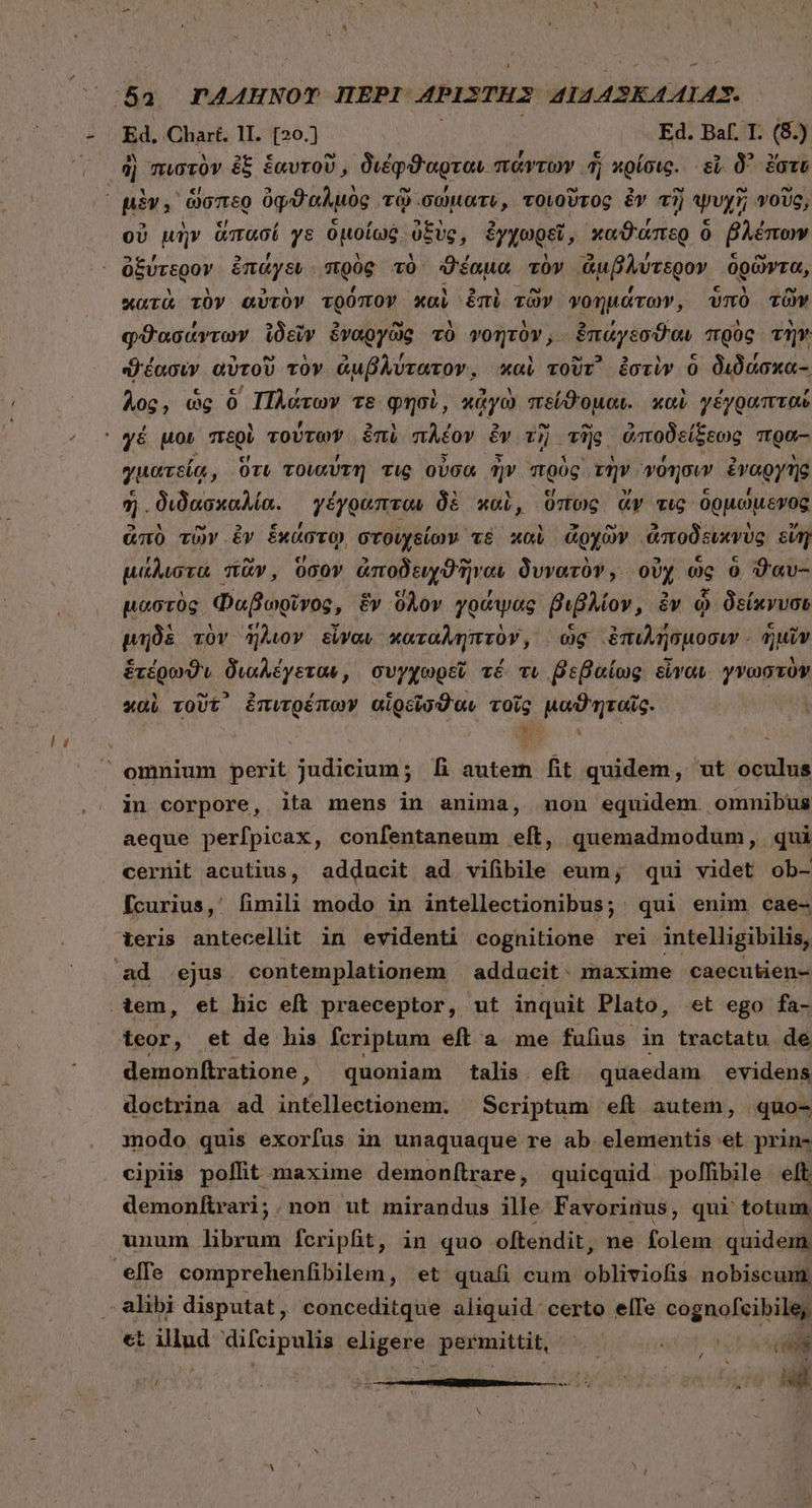 , - Ed. Chart. 11. [20.] Ed. Baf. I. (8.) ἢ) πιστὸν ἐξ ἑαυτοῦ, διέφϑαρται. πάντων ἢ κρίσις. si δ᾽ ἔστ οὐ μὴν ἅπασί γε ὁμοίως ὑξὺς, ἐγχωρεῖ, καϑάπερ ὃ βλέπων ὀξύτερον ἐπάγευ πρὸς τὸ ϑέαμα τὸν ἀμβλύτερον ὁρῶντα, , E oem , €, i Ὁ κατὰ τὸν αὐτὸν τρόπον καὶ ἐπὶ τῶν νοημάτων, ὑπὸ τῶν d om : E φϑασάντων ἰδεῖν ἐναργῶς τὸ γοητὸν, ἐπάγεσϑαν πρὸς τὴν ? 1 f to € UA ϑϑέασιν αὐτοῦ τὸν GuÜÀurarOY, καὶ τοῦτ᾽ ἐστὶν ὃ διδασκα- ε c? , j Y | MN , LI , , Aog, ὡς 0 Πλάτων τε φησὶ, «dyo πείϑομαι. καὶ γέγραπταί γματείᾳ, Ort τοιαύτη τις οὖσα ἦν πρὸς τὴν φόησιν ἐναργὴς ἡ. διδασκαλία. γέγραπται δὲ καὶ, ὕπως ἄν τις ὁρμώμενος ἀπὸ τῶν ἐν ἑκάστῳ͵ στοιχείων τὲ καὶ ἀρχῶν ἀποδεικνὺς εἴη μάλιστα πᾶν, ὅσον ἀποδειχϑῆναιν δυνατὸν, οὐχ ὡς ὁ ϑαυ- μαστὸς Φαβωρῖνος, ἕν ὅλον γράψας βιβλίον, ἐν ᾧ δείκνυσυ μηδὲ τὸν ἥλιον εἶναι καταληπτὺν, ὡς ἐπιλήσμοσιν. ἡμῖν LA διαλέγεται , συγχωρεῖ τέ τι βεβαίως εἶναι γνωστὸν xui τοῦτ᾽ ἐπιτρέπων αἱρεῖσϑαι τοῖς μαϑηταῖς.. | M in corpore, ita mens in anima, non equidem. omnibus aeque perfpicax, confentaneum eft, quemadmodum, qui cernit acutius, adducit ad vifibile eum; qui videt ob- fcurius,' fimili modo in intellectionibus; qui enim. cae- iem, et hic eft praeceptor, ut inquit Plato, δὲ ego fa- teor, et de his fcriptum eft'a me fufius in tractatu. de demonfiratione » quoniam talis. eft quaedam evidens doctrina ad intellectionem. — Scriptum eft autem, .quo- modo quis exorfus in unaquaque re ab elementis et prin- cipiis poffit maxime demonítrare, quicquid. polfibile eft demonftrari;.non ut mirandus ille Favorinus, qui totum elTe comprehenfibilen, et quaí cum hia nobiscum, alibi disputat, conceditque aliquid: certo elfe cognofcibile, et illud difcipulis eligere, permittit, tus Bp —w /