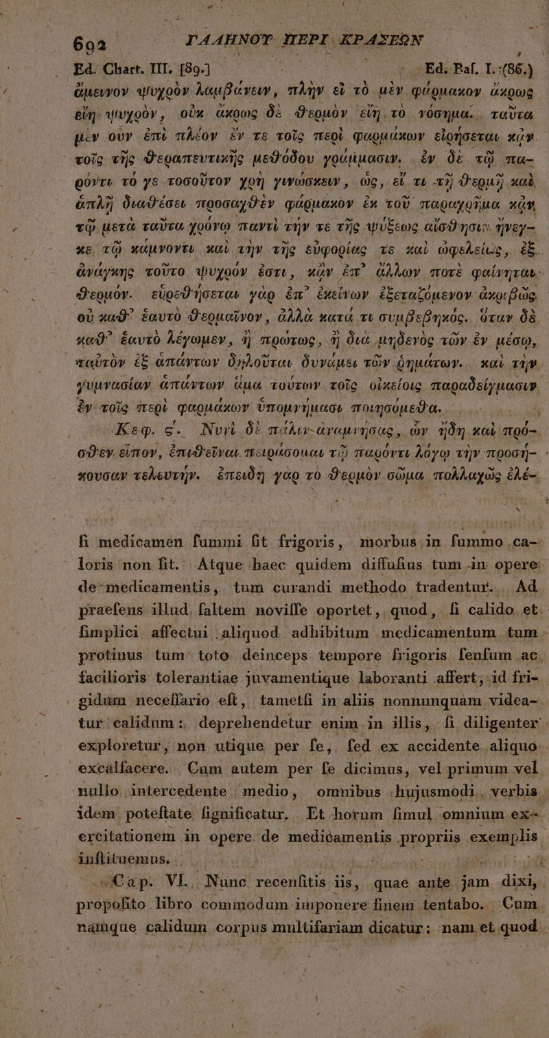 693 TAAHNOT ΠΈΡΙ KPAZSEON Ed. Chart. II. [89] ton tasEdaBar. ἵν (86.) ἄμευγνον ψυχρὸν. λαμβάνειν, πλὴν εἰ τὸ μὲν φάρμακον aug εἴη. ψυχρὸν, οὐκ ἄκρως δὲ ϑερμὸν. εἴῃ. τὸ γόσημα.. ταῦτα μὲν οὖν ἐπὶ πλέον ἔν τε τοῦς περὶ φαρμάκων εἰρήσεται xo τοῖς τῆς ϑεραπευτιρῆς μεϑύδου γρύμμασιν.. ἐν δὲ τῷ πα- οὖντι τό γε τοσοῦτον χρὴ γινώσκειν, ὡς, εἴ τι «τῇ ϑερμὴ καὶ ἅπλὴ διαϑέσει 800 AER φάρμακὸν ἐκ TOU. παραχρῆμα, κἄν, τῷ μετὰ ταῦτα χρόνῳ παντὶ τήν τ τῆς ψύξεως αἰσϑησιοι qiy- κα τῷ κάμνογευ καὶ τὴν τῆς εὐφορίας YS αὶ ὠφελείος 4 EB. ἀνάγκης τοῦτο ψυχρόν. ἐστι, wav ἐπ᾽ ἄλλων ποτὲ φαίνηται: ϑερμόν. εὑροϑιήσεται γὰρ ἐπ᾽ ἐκείνων ἐξεταζόμενον. ἀκριβῶς. οὐ xa^ ἑαυτὸ ϑερμαῖνον, ἀλλὰ κατά τι συμβεβηκός. ὕταν δὲ uS. N , b Ὁ EJ κωϑ' ἑαυτὸ λέγωμεν, ἢ πρώτως, ἢ διὰ μηδενὸς τῶν ἕν μέσῳ, T: γυμνασίων ἁπάντων ἅμα τούτων τοῖς οἰκείοις παραδείγμασιν, ἂν τοῖς περὶ φαρμάκων ὑπομγήμασι ποιησύμεϑα. τὰ Κεφ. ς΄. Νυνὶ δὲ παλιν. ἀγαμνήσας,. ὧν ἤδη xci πρό- σϑεν, εἶπον, ἐπινϑεῦναι περιράσονιαι τῷ παρόντι λόγῳ τὴν Tt0001]-. κουσαν τελευτήν. ἐπειδὴ γὰρ τὸ ϑερμὸν σῶμα πολλαχῶς ἐλέ-: SUEN ἢ medicamen fummi fit frigoris, morbus.in fummo .ca-- loris non fit. Atque haec quidem diffufius tum in. opere: de-medicamentis, tum curandi methodo tradentur... Ad. praefenus illud. faltem. πον δ oportet,.quod,. fi calido. et. limplici. affectui aliquod . adhibitum medicamentum tum - protinus. tum: toto. deinceps lempore | frigoris. fenfum .ac. facilioris tolerantiae juvamentique laboranti affert; id fri- - gidum necellario eft, tametfi in aliis nonnunquam videa-. tur ealidum :, deprehendetur enim in illis,. fi. diligenter exploretur, non utique per [e,. fed ex accidente aliquo - excalfacere.. Cam autem per fe dicimus, vel primum vel idem poteftate lignificatur, | Et horum fimul - omnium ex^. ercitationem in opere: de medicamentis propriis exeinplis inftituemus. TENA : Ἢ Cup. VL. Nunc. recentis iis à quae ante jam dixi, propofito libro commodum imponere fuiem tentabo. | Cum. namque. calidum. corpus multifariam dicatur; nam.et quod .