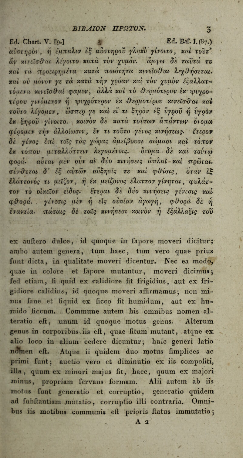 ΗρΓΓ>'.Γ*ν · * · * V. ■ > ... Λ , ΒΙΒΑΙΟΝ ΠΡΩΤΟΝ. 3 Ed. Chart. V. f9·] 5 Ed. Bafi Ι.(87.) αυστηροί', ή έμπαλιν εξ αυστηρόν γλνκυ γίνοιτο, και τουτ* «V κινεΐσ&αι λέγοιτο κατά τον χυμόν, άμφω δε ταυτά τs καί τα •προειρημένα κατά ποιότητα κινεΐσ&αι λεχ&ησεται. χαί ου μόνον γε τά κατά την χρόαν καί τον χυμόν έςαλλατ- τόμενα κινεΐσ-θ'αί φαμεν, αλλά καί τό &ερμότερον εκ ψυχρό- τερου γινόμενον η ψνχρότερον εκ Ο'ερμοτέρον κινεΐσ&αι καί τούτο Ιέγομεν, όΐσπερ γε καί εϊ τι ξηρόν εξ υγρόν η υγρόν εκ ξηρού γίνοιτο. κοινόν δε κατά τούτων απάντων όιομα φέρομεν την άλλοίωσιν, εν τι τούτο γένος κιντ]σεως. ετερον δε γένος επί τοΐς τάς χωράς άμείβουσι σωμασι καί τόπον εκ τοπου μΓταλλάττειν λεγομένοις. όνομα δε καί τουτω φορά· ανται μεν ουν αί δυο κινήσεις άπλαϊ καί πρωται. σί')&ετοι δ’ εξ αυτών αυξησίς τε καί φ&ίσις, όταν έξ έλάττο νός τι μεΐζον, η εκ μείζονος έλαττον γίνηται, φυλάτ- τον τό οίκεΐον είδος, ετεραι δε δυο κινήσεις γένεσις καί φ&ορά. γένεσις μεν η εις ουσίαν αγωγή, φ&ορά δε η εναντία, πάσαις δε ταις κινησεσι κοινόν η εξάλλαξις του ex auftero dulce, id quoque in fapore moveri dicitur; ambo autem genera, tum haec, tum vero quae prius funt dicta, in qualitate moveri dicentur. Nec ea modo, quae in colore et fapore mutantur, moveri dicimus; fed etiam, fi quid ex calidiore fit frigidius, aut ex fri- gidiore calidius, id quoque moveri affirmamus; non mi- nus fane et iiquid ex ficco iit humidum, aut ex hu- mido iiccum. Commune autem his omnibus nomen al- teratio eft, unum id quoque motus genus. Alterum genus in corporibus.iis eft, quae fitum mutant, atque ex alio loco in alium cedere dicuntur; huic generi latio ndlnen eft. Atque ii quidem duo motus iimplices ac primi funt; auctio vero et diminutio ex iis compoliti, illa, quum ex minori majus fit, haec, quum ex majori minus, propriam fervans formam. Alii autem ab iis motus funt generatio et corruptio, generatio quidem ad fubftantiam mutatio, corruptio illi contraria. Omni- bus iis motibus communis eft prioris ftatus immutatio;