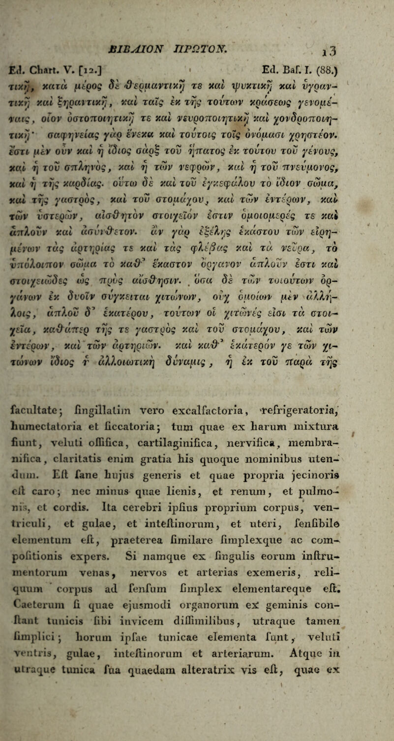 ΒΙΒΑΙΟΝ ΠΡΩΤΟΝ. ι3 £d. Cbart. V. [12.] Ed. BaL I. (88.) Ttxi, κ«τά jutpoe δέ θερμαντική τ8 καί ψυκτική καί υγραν- τική καί ξηραντική, καί ταϊς εκ της τούτων κράσεο)ς γενομέ- ναις, οΐον δστοποιητικΤι τε και νευροποιητικ»] καί χονδροποιη- τικη' σαφήνειας γάρ ενεκα καί τούτοις τοΐς όνόμασι χρηστέον. εστι μεν ούν καί η ίδιος σαρξ τον ηπατος εκ τούτου τον γένους, καί η τού σπληνος, καί η των νεφρών, καί η τού πνενμονος, καί η της καρδίας. οντω δε καί τον εγκεφάλου το ίδιον σώμα, και της γαστρδς, καί τού στομάχου, καί τών εντέρων, καί των υστερών, αϊσθν]τον στοιχεΐόν εστιν ομοιομερές τε καί απλούν καί ασύνθετον. άν γάρ εξέλης έκάστου τών εϊρη- μενών τάς αρτηρίας τε καί τάς φλέβας καί τά νεύρα, το υπόλοιπον σώμα το καθ3 έκαστον οργανον άπλούν εστι καί στοιχειώδες ώς πρύς αίσθησιν. # οσα δε τώ,ν τυιούτων ορ- γάνων εκ δνοΐν σύγκειται χιτώνονν, οιχ δμοίων μεν άλλη- λοις, απλού δ3 εκατέρου, τοντων 61 χιτώνές εϊσι τά στοι- χεία, κα&άπερ της τε γαστρδς καί τού στομάχου, καί τών εντέρονν, καί τών αρτηριών. καί καθ'3 εκάτερόν γε τών χι- τώνων ίδιος r άλλοιωτικη δύναμις, η εκ τού παρά της facultate; fingillalim vero excalfactoria, 'refrigeratoria, humectatoria et ficcatoria; tum quae ex liarum mixtura fiunt, veluti oififica, cartilaginifica, nervifica, membra- nifica, claritatis enim gratia his quoque nominibus uten- dum. E it fane hujus generis et quae propria jecinoris elt caro; nec minus quae lienis, et renum, et pulmo- nis, et cordis. Ita cerebri iplius proprium corpus, ven- triculi, et gulae, et inteilinorum, et uteri, fenfibilo elementum eil, praeterea fimilare iimplexque ac com- politionis expers. Si namque ex lingulis eorum initru- mentorum venas, nervos et arterias exemeris, reli- quum corpus ad fenfum iimplex elementareque elt. Caeterum ii quae ejusmodi organorum eX geminis con- fiant tunicis fibi invicem difiimilibus, utraque tamen iimplici; horum ipfae tunicae elementa funt ,· veluti ventris, gulae, inteilinorum et arteriarum. Atque in uiraque tunica fua quaedam alteratrix vis eft, quae ex