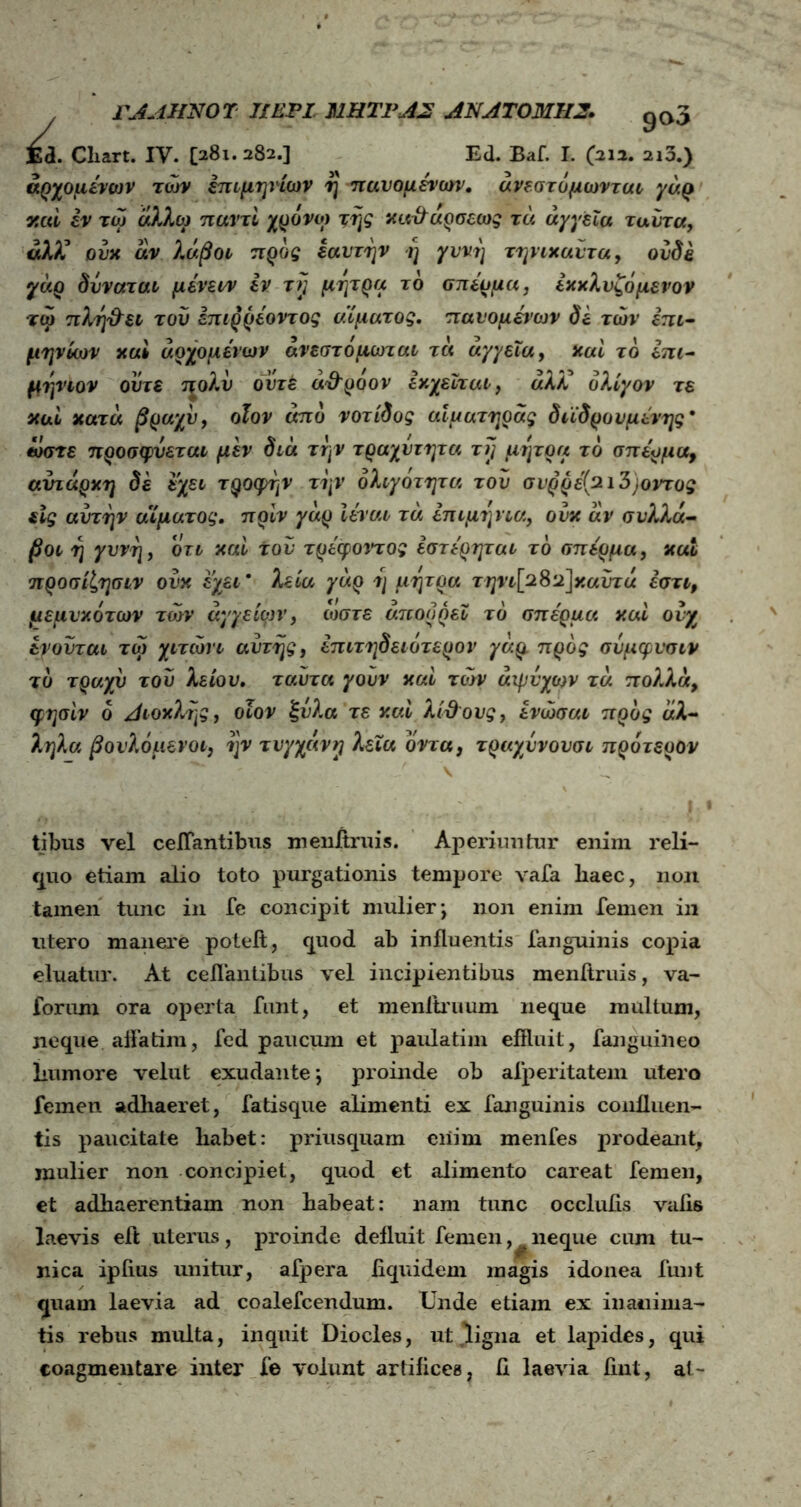 Ea. Cliart. IV. [281. 282.] Ed. Baf. I. (212. 213.) άρχομένων των έπιμηνίων η πανομένων. ανεστόμωντut γάρ y.cti έν τω άλλω παντι χρόνο) της xutiοίρσεως τα αγγεία ταύτα, αλλ’ ουχ αν λάβοι προς εαυτην η γυνή τηνιχαυτα, ουδέ γάρ δυναται μένεαν έν τή μψρα τδ σπέρμα, έχχλυζόμενον τω πλή&ει τού έπιρρέοντος αίματος, πανομένων δε των έπι- μηνίων χαι άρχομενών άνεστόμωται τά αγγεία, xul τό επι- μηνιον ούτε τ^ολυ οντέ αΌ'ροον ΙχχεΙται, αλ'κ ολίγον τε xui χατά βραχύ, οϊον από νοτίδος αίματηράς διϊδρουμένης * ώστε προσφυεται μεν διά την τραχύτητα τy μήτρα τό σπέρμα, αντάρχη δε εχει τροφτ^ την όλιγοτητα τον σνρρέ(2ΐ3)οντος εϊς αυτήν αίματος, πρίν γάρ ϊέναι τά έπιμηνία, ουχ αν συ)έλα- βοι η γυνή, ότι χαι του τρέχοντος έστέρηται τό σπέρμα, χαί προσίζησιν ουχ εχει * λεία γάρ η μήτρα τηνιΐζΰ^χαυτά έστι, μεμυχότων των άγγείφν, ώστε άποορεί τό σπέρμα χαι ουχ ίγονται τω χιτώνι αυτής, επιτηδειέτερον γάρ προς συμφυσιν τό τραχύ του λείου. τούτα γουν χαί των άιρΰχων τά πολλά, φησιν 6 Αιοχλης, οϊον ξυλά τε χαι λί&ους, ένωσαν προς αλ- ληλα βονλόμενοι, ην τνγχάνγ λεία όντα, τραχυνουσι πρότερον tibus vel ceiTantibus menitruis. Aperiim tur enim reli- quo etiam alio toto purgationis tempore vafa haec, non tamen tunc in fe concipit mulier; non enim femen in utero manere poteft, quod ab influentis fanguinis copia eluatur. At ceiTantibus vel incipientibus menitruis, va- forum ora operta funt, et menltruum neque multum, neque affatim, fed paucum et paulatim effluit, fanguineo humore velut exudante; proinde ob afperitatem utero femen adhaeret, fatisque alimenti ex fanguinis confluen- tis paucitate liabet: priusquam eiiim menfes prodeant, mulier non concipiet, quod et alimento careat femen, et adhaerentiam non habeat: nam tunc occlufis valie laevis eft uterus, proinde defluit femen, neque cum tu- nica ipfms unitur, afpera fiquidem magis idonea funt quam laevia ad coalefcendum. Unde etiam ex inanima- tis rebus multa, inquit Diocles, ut ligna et lapides, qui
