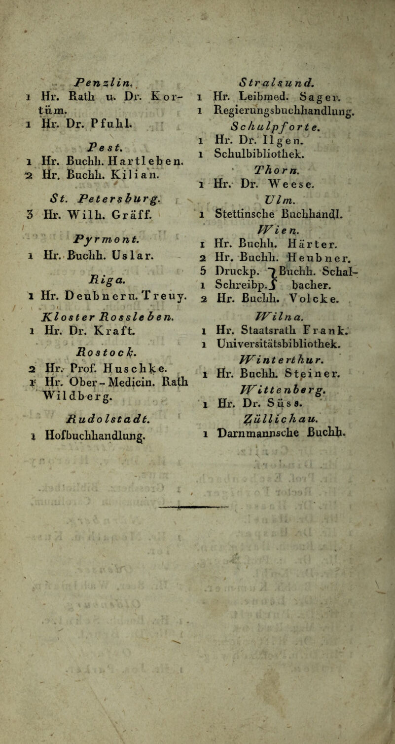 Penzlin. i Hr. Ratli u. Dr. K or- tiim. i Hr. Dr. Pfulil. \ Pe st. i Hr. Buclili. Hartleben. '2 Hr. Buclili. Kilian. • · / ' St. Petersburg. 3 Hr. Wilh. Graff. / ’ - , T Py rmont. i Hr. Buclili. Uslar. Riga. i Hr. Deubneru. Treuy. Kloster Rossle b en. 1 Hr. Dr. Kraft. Rostoc b· 2 Hr. Prof. Huschke. Hr. Ober-Medicin. Rath Wildberg. Rudo Istadt. I Hofbuclikandlung. Stralsund. Hr. Leibrned. Sagei. Regierungsbuchliandlung. Schul pf orte. Hr. Dr. Ilgen. Scbulbibliothek. Th orn. Hr. Dr. Weese. Vim. Stettinsche Buckhandl. TV i e n . Hr. Buclili. H a r t e r. Hr. Buclili. Heubner. Druckp. Buchh. Schal- Schreibp.j' bacher. Hr. Bucbb. Volcke. TVilna. Hr. Staatsratli Frank. Universitatsbibliothek. IV int e rthur. Hr. Buclih. Steiner. 7V ittenberg. Hr. Dr. S ii s 3. %iillichau. Darnmannsche BucKb. i i 1 1 1 1 I 2 5 1 2 1 1 1 1