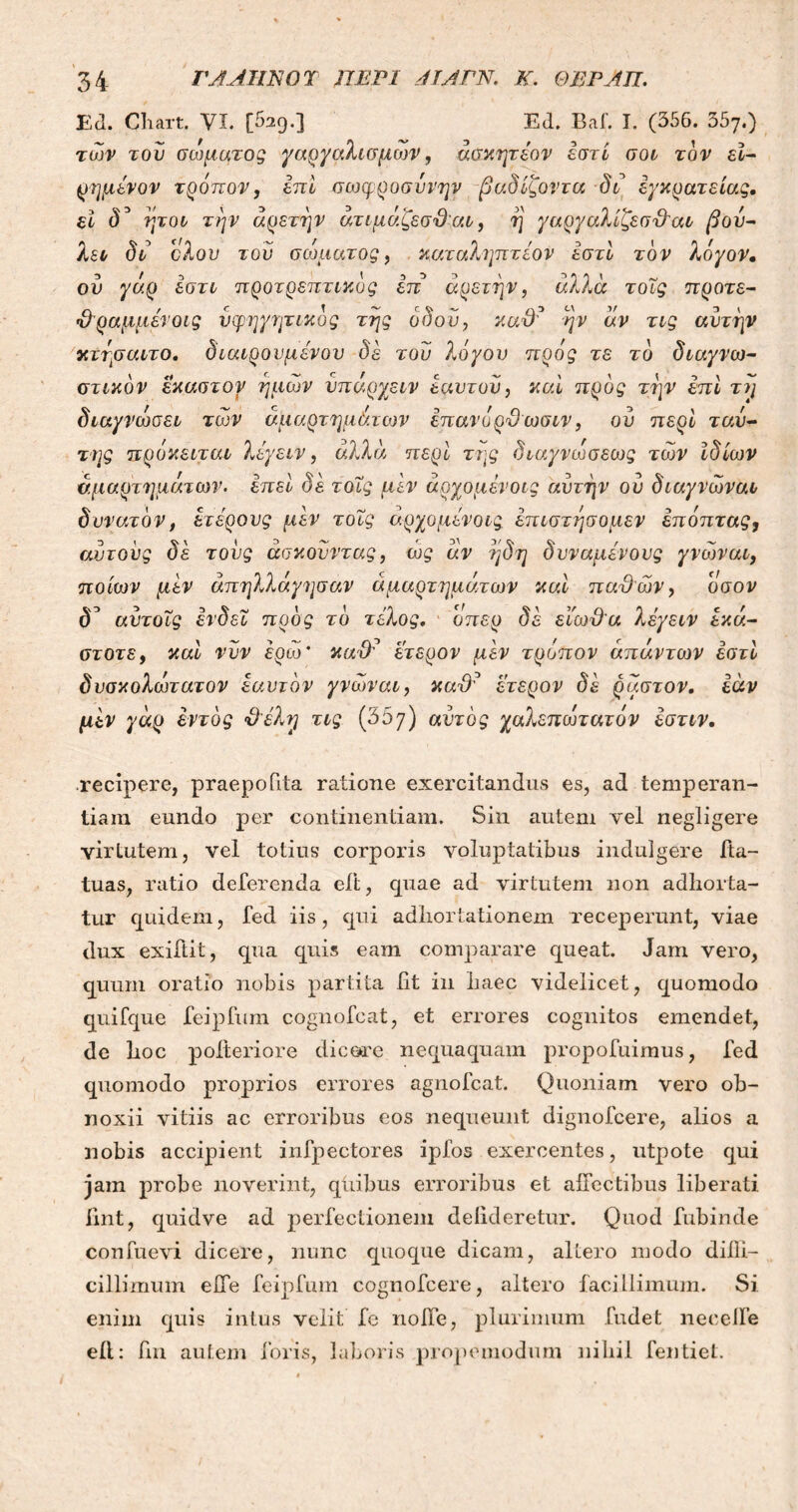 Ed. Cliart. VI. [529.] Ed. Baf. I. (356. 357.) των τον σώματος γαργαλισμο)ν, άσκητέον εστί σοι τον εϊ- οημένον τρόπον, επί σωφροσύνην βαδόζοντα δι εγκράτειας, εΐ δ* ήτοι την αρετήν άτιμάζεσϋαι, η γαργαλίζεσϋ'αι βον- λει δι ολον τού σώματος, καταληπτέον εστί τον λόγον, ον γάρ έστι προτρεπτικός επs αρετήν, άλλα τοΐς προτε- <&ραμμένοις υφηγητικός της οδού, καΌ? ην αν τις αντην κτησαιτο. διαιρούμενου δε τού λόγον πρός τε τό διαγνω- στικόν έκαστον ημών νπαργειν εαυτού, καί πρός την επί τη διαγνωσει των αμαρτημάτων έπανόρϋ ωσιν, ον περί ταν- της πρόκειται λέγειν, αλλά περί της διαγνωσεως των ιδίων αμαρτημάτων. επεί δε τοΐς μεν άρχομένοις αντην ον διαγνώναι δυνατόν, ετέρους μέν τοΐς άρχομένοις έπιστησομεν επόπτας, αυτούς δε τους άσκονντας, ώς αν η δη δυναμένους γνώναι, ποιων μεν άπηλλάγησαν αμαρτημάτων καί παΌών, (ίσον δ° αντοΐς ενδεΐ πρός τό τέλος. οπερ δε είώ&α λεγειν εκά- στοτε, καί νυν έριο' καχλ* έτερον μεν τρόπον απάντων εστί δνσκολώτατον εαυτόν γνώναι, καϋ? έτερον δέ ραστον. εάν μέν γάρ εντός Όέλη τις (33/) αυτός χαλεπώτατόν εστιν. recipere, praepofita ratione exercitandas es, ad temperan- tiam eundo per continentiam. Sin autem vel negligere virtutem, vel totius corporis voluptatibus indulgere fta- tuas, ratio deferenda eft, quae ad virtutem non adhorta- tur quidem, fed iis, qui adhortationem receperunt, viae dux exiftit, qua quis eam comparare queat. Jam vero, quum oratio nobis partita fit in haec videlicet, quomodo quifque feipfum cognofcat, et errores cognitos emendet, de hoc polteriore dic ore nequaquam propofuimus, fed quomodo proprios errores agnofcat. Quoniam vero ob- noxii vitiis ac erroribus eos nequeunt dignofcere, alios a nobis accipient infpectores ipfos exercentes, utpote qui jam probe noverint, quibus erroribus et affectibus liberati fint, quidve ad perfectionem deiideretur. Quod fubinde confuevi dicere, nunc quoque dicam, altero modo diffi- cillimum effe feipfum cognofcere, altero facillimum. Si enim quis intus velit fe noffe, plurimum fudet necelfe eit: ilii autem foris, laboris propemodum nihil fentiet.