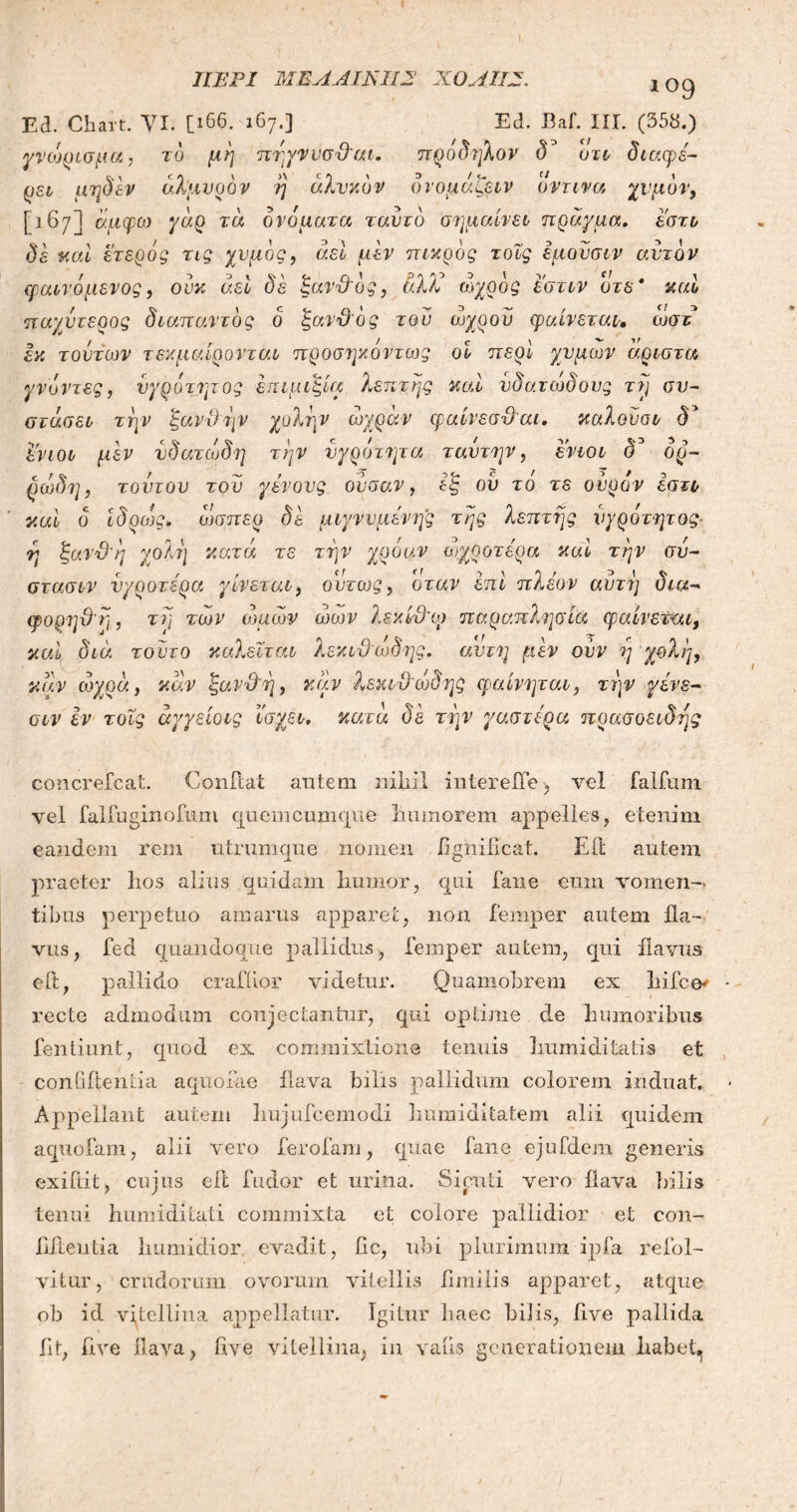 ! ΠΕΡΙ ΜΕΑΑΙΚΠΡ Χ0Α1ΙΖ. !°9 Ea. Chavt. VI. Ci66. '67.] Ed. Baf. IIT. (358.) γνώηιαμυ., το μη πήγνυα&αι. πρόδηλον δ' όχι δΐ V. φέ- ρει μηδέν αλμυρόν η άλνκόν δνομάζειν οντινα χυμόν, [167] σ.μφω γάρ τα ονόματα ταυτό σημαίνει πράγμα, εστν δε καί έτερός τις χυμός, αεί μεν πικρός τοϊς έμουσιν αυτόν φαινόμενος, ούκ αεί δέ ξανϋ'ός, ά.Ώέ ωχρός εστιν οτε * καί παχύτερος διαπαντός ο ξαν&ός του ωχρού φαίνεται, ώστ εκ τούτων τεν.μαίρονται προσηκόντως οί περί χυμών άριστά γνόντες, υγρότητας επιμιξία λεπτής καί υδατώδους τη συ- στάσει την ξανθήν χολήν ώχραν φαίνεσθ'αι. καλοϋσι δ’ έ,'ν ιοι μεν υδατιύδη την υγρότητα τ αυτήν, ενιοι δ3 όρ- ρώδη, τούτου του γένους ούσαν, εξ ού τό τε ούρόν έστν καί ό ίόρώς. όοσπερ δε μιγννμένης της λεπτής ίιγροτητος η ξανθ'η χολή κατά τε την χρόαν ωχρότερα καί την σύ- στασιν υγροτέρα γίνεται, ούτως, όταν επί πλέον αυτή δια- φορηθη, τη των υψών ώων λεκί&ω παραπλήσια φαίνεται, καί διά τούτο καλείται λεκιθώδης. αυτή μεν ούν η χολή, καν ώχρα, καν ξανθή, καν λεκι&ωδηζ φαίνηται, την γ ένε- σαν εν τοϊς άγγείοις ισχει, κατά δε την γαστέρα πράσο ειδής concrefcat. Conflat autem niliil interefle , vel falfum vel falfuginofum cjuemcumqne Immorem appelles, etenim eandem rem utrum que nomen flshificat. E it autem -J- O praeter lios alius quidam liumor, qui fane eum vomen- tibus perpetuo amarus apparet, non femper autem fla- vus, fed quandoque pallidus, femper autem, qui flavus eft, pallido crafiior videtur. Quamobrem ex liifce#· recte admodum conjectantur, qui optime de humoribus fentiunt, quod ex commixtione tenuis liumidi tatis et confitenda aquofae flava bilis pallidum colorem induat. Appellant autem hujufeemodi Immiditatem alii quidem aquofam, alii vero ferofam, quae fane ejufdem generis exiflit, cujus eft fudor et urina. Si puti vero flava bilis tenui humiditati commixta et colore pallidior et con- flfleiitia Immidior evadit, Gc, ubi plurimum ipfa refol- vitur, crudorum ovorum vitellis iimiiis apparet, atque ob id vitellina appellatur. Igitur haec bilis, flve pallida flt, flve flava, flve vitellina, in vaiis generationem habet.