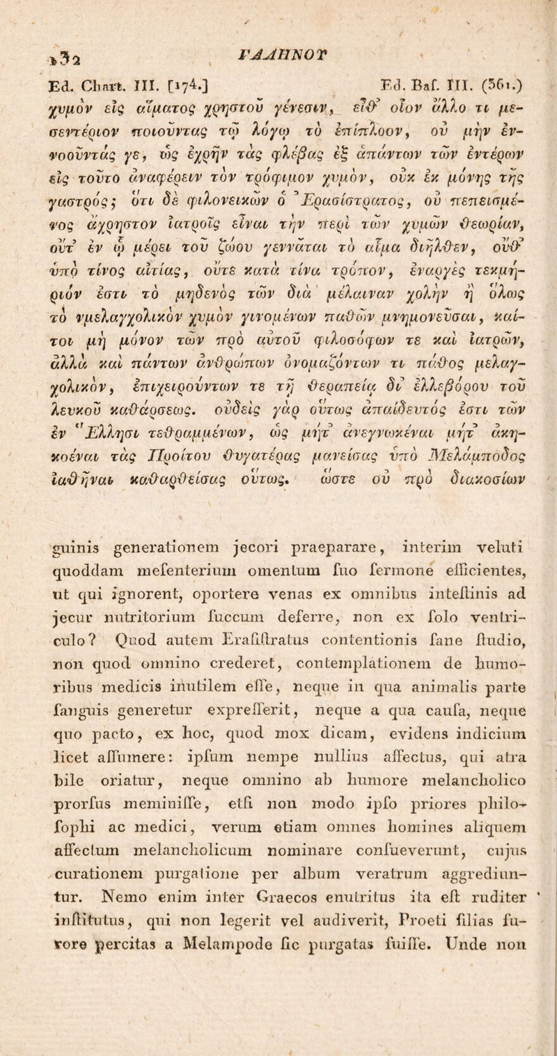 FJJtTINOT »32 E3, Cliaiffc. III. [174.] E3.Baf. III. (56i.) χυμόν είς αίματος χρήστου γένεσιν, ε??/ οϊον άλλο τι με- σεντέριον ποιουντας τώ λόγο) το έπίπλοον, ου μην έν~ νοοϋντάς γε, ώς έχρήν τάς φλέβας εξ άπάντοίν των έντερων εϊς τούτο άναφέρειν τον τρόφιμον χυμόν, ονκ έκ μόνης της γαστρός; ότι de φιλονεικων ό aΕρασίστρατος, ου πεπεισμέ- νος άχρηστον ιατροΐς είναι την περί των χυμών θεωρίαν, οντ εν ω μέρει τον ζώου γεννάται το αίμα διηλθεν, οόθά υπό τίνος αιτίας, ούτε κατά τίνα τρόπον, εναργ&ζ τεκμη- ριόν εστι το μηδενός των διά μέλαιναν χολήν η ολως τό νμελαγχολικόν χυμόν γινομένων παθών μνημονευσαι, καί- τοι μι] μόνον των προ αντοΰ φιλοσόφων τε καί Ιατρών, ν,λλά καί πάντων ανθρώπων όνομαζόντων τι πάθος μελαγ- χολικόν , έπιχειρονντων τε τη θεραπεία δι ελλεβορον του λευκόν καθάρσεως. ονδείς γάρ όντως απαίδευτος εστι τών εν αΕλλησι τεθραμμένων, ώς μητ άνεγνωκέναι μητ άκη- κοέναι τάς Προίτου θυγατέρας μανείσας υπό Άίελάμποδος ιαθηναι καθαρθείσας ούτως. ώστε ού προ διακοσίων guinis generationem jecori praeparare, interim veluti quoddam metent eri um omentum fuo fermone efficientes, ut qui ignorent, oportere venas ex omnibus inteilinis ad jecur nutritorium fuccum deferre, non ex folo ventri- culo? Quod autem Eraiiitratus contentionis fane itudio, non quod omnino crederet, contemplationem de humo- ribus medicis inutilem effe, neque in qua animalis parte fanguis generetur exprelferit, neque a qua caufa, neque quo pacto, ex hoc, quod mox dicam, evidens indicium licet affumere: ipfum nempe nullius affectus, qui atra bile oriatur, neque omnino ab humore melancholico prorfus meminiffe, etfi non modo ipfo priores philo- fophi ac medici, verum etiam omnes homines aliquem affectum melancholicum nominare confueverunt, cujus curationem purgatione per album veratrum aggrediun- tur. Nemo enim inter Graecos enutritus ita eff ruditer inftitutus, qui non legerit vel audiverit, Proeti filias fu- tore percitas a Melampode lic purgatas fuiffe. Unde non