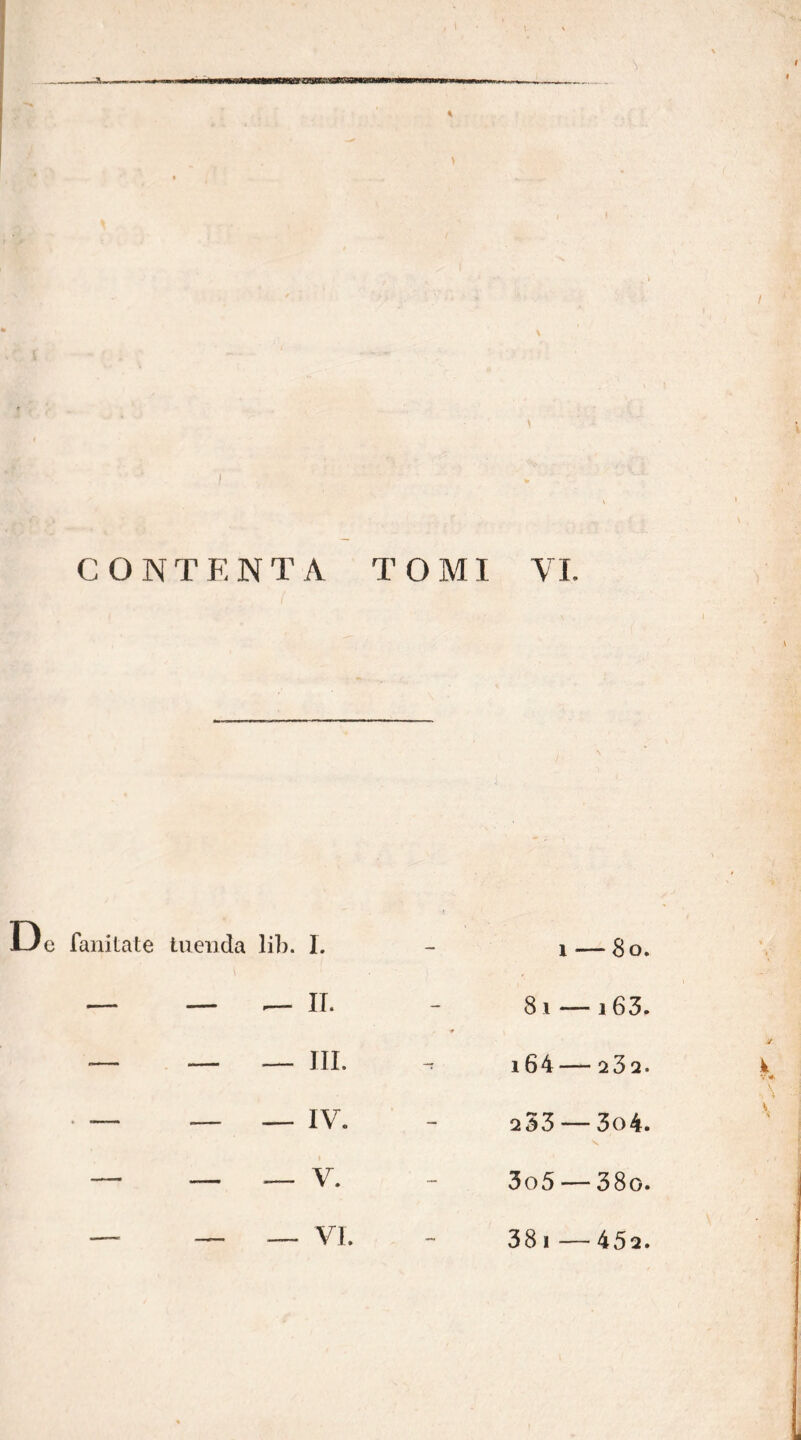 CONTENTA TOMI VI. fanitate tuenda lib. I. - i — 8o. - - - n. 81 — i63. „ _ _ III. -r 164 23 2. — — — IV. - 233 — 3o4. — — — V. - 3o5 — 38o. _ — — VI. — 38 i — 452.