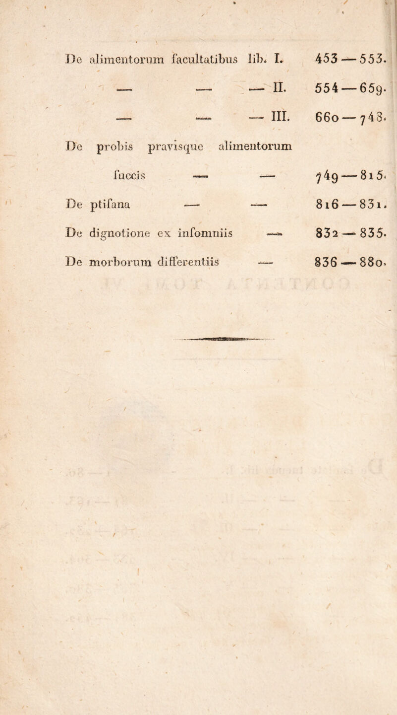 De alimentorum facultatibus l o—~ Μ De probis pravisque fuccis — De ptifana -—· De dignotione ex infomniis De morborum differentiis lib. I. 453 — 553. — II. 554 — 659. — III. 660 — 748* / # alimentorum 749 — 81 5* 816 —83i. 832 —* 835* 836 — 880*