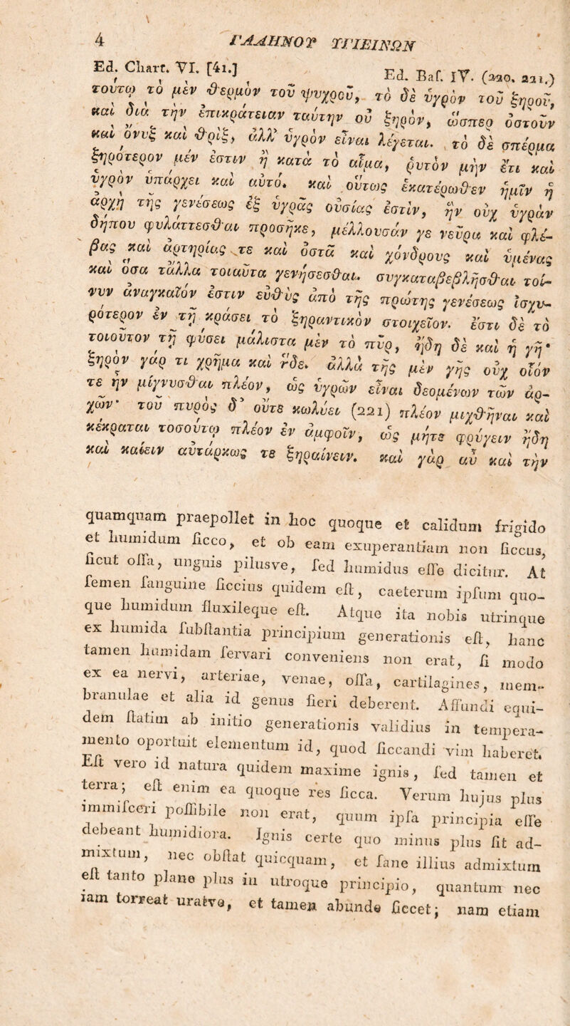 £cl. CliarC* VI. [4ι.] Γ i t, r ; r , , η , Ed* Baf· IV. (aeo. aai.) ταυτο, το μεν &ερμον τον ψυχρού, το δί νγρον τού ξτ,οοΐ *α\ „\τη\ °3 &9°'. ώ'σπεο όοτούν *“ ,0VVi κΜ &^> «λλ s?m» Λί>£Γ«. τό & (τπ%« ϊηροττρον μεν εστιν η κατά τδ αϊμα, $υτί>ν μ,]ν ίτι mi γρον υπάρχει και «feo. καί οϊ™5 &α*^*κ ,1„Γ* 4 «JS »;«-ώβ»(τ εξ iKo5g 0ίσία9 inlv> «„ > ύ . δηπον ψνλαττεσ&ατ προσηκε, μίλλονοάν γε νεύρα κai ψλέ- ,Τ “WQiaS<C! *“ ™Τ“ *«* χόνδρουί ναι ύμένας ««i. οσ« τηλλα romura χενησεσ&ατ. συγκατοψεβλησ&αε τού- νυν αναγκαΐον ίστιν εύ&υς υπο τϊίε vrnft™» ' , 's * TfJS πρώτης γενεσεως ισγν~ ροτερ™ εν τγ κρααει το 'ξηραντικόν στοιχεΐον. ί'στι δε το τοιουτον τη φύσει μάλιστα μίν το πύρ, ηδη δε και η γή· ξηρον γαρ τι χρήμα καί τδε. Άλά τηρ μίν γη? ονχ οϊόν ” ψ 'TTO^? ηλώ'» “e W* δεόμενων των άο- χων τον πνρορ δ* oiiw κβΛώ* (μι) πλέον μιχ&ΐ,ναι καί κεκραται τοσουιφ πλέον εν ν,μφοΧν, ώς μέ,τε φρΰνειν νδη *“ καιειν αυταρκω; τε ξηραίνειν. καί γάρ α1 καί την quamquam praepollet in hoc quoque et calidum frigido et lmundum ficco, et ob eam exuperantiam non Gccus, licui offa, unguis pilusve, fed Immidus effe dicitur. At emen fangume ficcius quidem eft, caeterum ipfimi quo- que lmmidum fluxileque eft. Atque ita nobis utrinque ex tumida fubftantia principium generationis eft. hanc tamen tumidam fervari conveniens non erat, fi modo ex ea nervi, arteriae, venae, offa, cartilagines, mem- branulae et alia id genus fieri deberent. Affundi equi- dem ftatim ab initio generationis validius in tempera- mento oportuit elementum id, quod ficcandi vim haberet. Eft vero id natura quidem maxime ignis , fed tamen et tena eft enim ea quoque res ficca. Verum hujus plus immifceri pofl,b,le non erat, quum ipfa principia effe cernant mundiora. Ignis certe quo minus plus fit ad- mixtum, nec obdat quicquam, et fane illius admixtum e tanto p ane plus m utroque principio, quantum nec oireat uiatve, ct tamen abunda ficcet; nam etiam