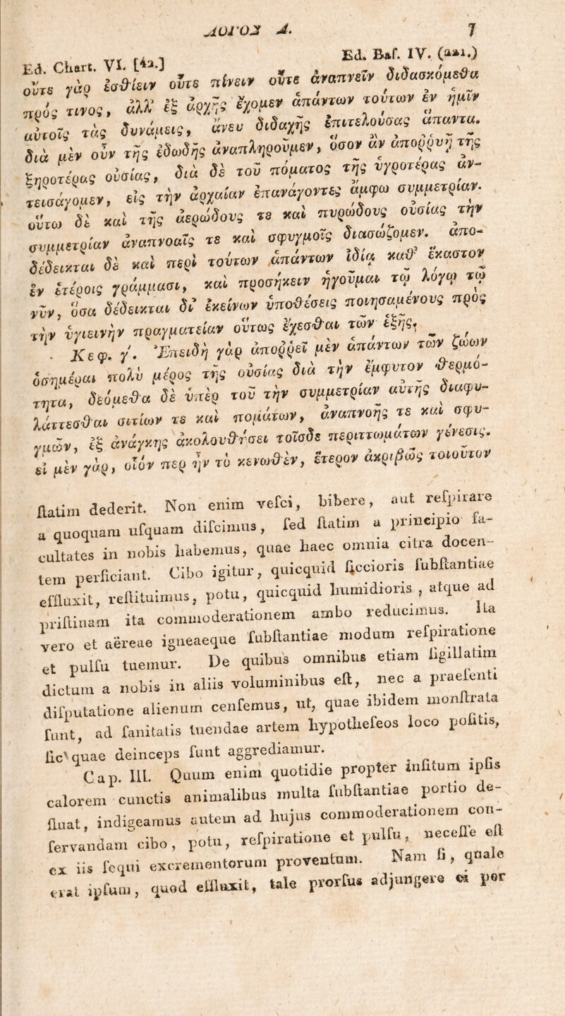 Α0Ϊ02 4· |ί5, Ei B»f. IV. (»«·) It^o Irftor’ o5r. πίνειν οϊη *»»* διδαοχίμεΟα , ' ftl 'Jl /£ υθΊ~η fr/ομεν αηο,ντων ΐουίω^ εν ημιρ α1οΓί τάί «»« ^αχήί w»t«Ws emana. δίά μ1ν οίν τής UMijs άναπληρούμεν, οοο* αν απορρνγ f S ¥ηοοτέοας ουσίας, Sta δε τού ποματος της νγροτερας αν- :L;o«L, * ^ ^,°w τφω σ^χ oSw « «ai τής αερώδους τε «αν πυρώδους ουσίας τη συμμετρίαν αναπνοαΐς τε «ai οφυγμοΐς 3™&Ι£· Sidit*ται δε «ai περί τούτων απαντων ίδια χαϋ εχαο _ ίν ετέροις γράμμα», «ai προσήχειν ηγούμαι το, Χογω τψ νύν, ίίσα «* ίχεί,'ο,ν νηο*ώ**β ποιησαμενους προς τήν υγιεινήν πραγματείαν ούτως ΐχεσ&αι των έξης, Κεφ. /· ·Μ w *#* ^ a™«£v«. «ολύ ^ ** °^ίκί ω ^ ,wrr ί^ϋ; TW«, &ό«6#« di ίπίρ τ„5 την συμμετρίαν αυτής διαψυ- Μττεσ&αι αιτίων τε «ai πομδτων, αναπνοής τε «αι σφν- ναάν, ί'ξ Μάγχης άχολονΖ’ οει τοϊσδε περιττωμάτων γενεσις. 2^; γ&ρ, υιόν περ τ}ν το χενωϋίν, ίτερον άχριβως τοιουτον ilatim dederit. Non enim veXci, bibere, aut reXpirare a quoquam ufquam diTcimu., fed ftatun a prmepo U- cultates in nobis habemus, quae haec omma c ra docen- tem perficiant. Cibo igitur, qmcqrwl ftccioris lubfianliae effluxit, reftituimus, potu, quicquid liumidiom , atque ac pnftinam ita commoderationem ambo reducemus. Ua vero et aereae igneaeque Xubftantiae modum refpma ,one et pulfu tuemur. De quibus omnibus etiam hg.llatim dictum a nobis in aliis voluminibus eft, nec a praeieu i difputatione alienum cenXemus, ut, quae ibidem «.onlhaU runt, ad Xanitatis luendae artem hypoUieleos loco pohtis, lic' quae deinceiis funt aggrediamur. Cap. m. Quum enin. quotidie propter tnfitum ipGs calorem cunctis animalibus inulta Xubftantiae Portl° de' (luat, indigeamus autem ad hujus commoderationem con- fervandam cibo, potu, reXpiratione et pulXu, neceffe cx iis Xequi excrementorum proventum. Nam , q e„t ipXum, quod effluxit, tale prorXu» adjungere « per